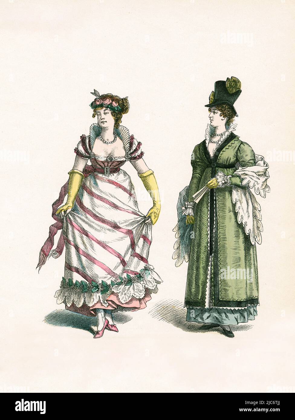Lady in Ball Gown (1805), Lady with High Hat, Empire Style, inizio 19th secolo, Illustrazione, la Storia del Costume, Braun & Schneider, Monaco di Baviera, Germania, 1861-1880 Foto Stock