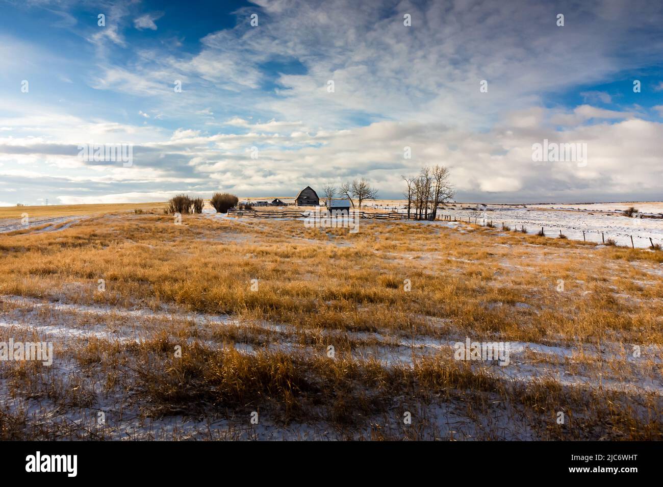 Una residenza di campagna abbandonata sotto un drammatico cielo mattutino sui campi di grano canadesi nella contea di Rockyview, Alberta Foto Stock