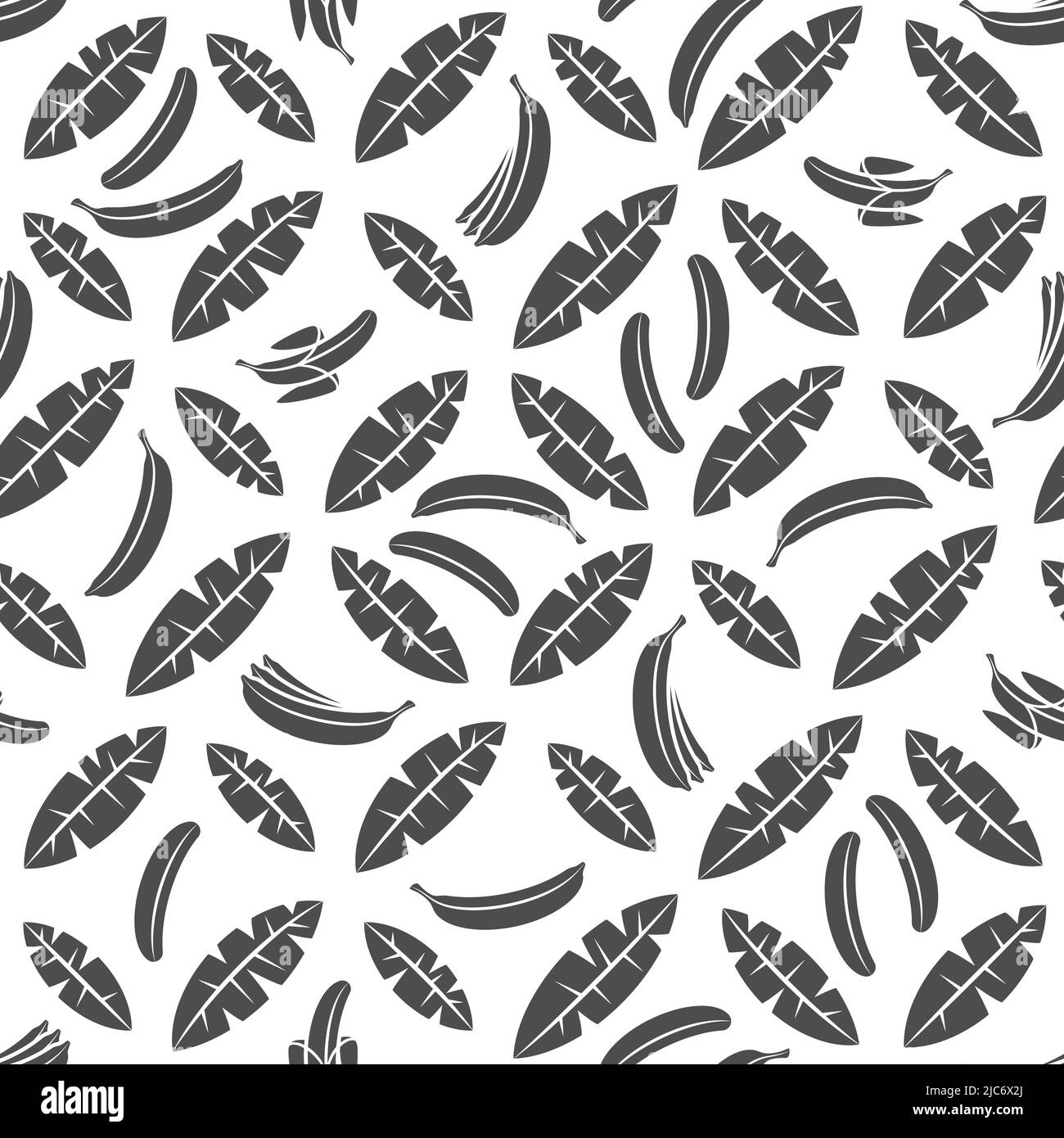 Modello senza cuciture con foglie di palma bianche e nere e banane. Sfondo vettoriale tropicale con oggetti isolati su sfondo bianco. Illustrazione Vettoriale