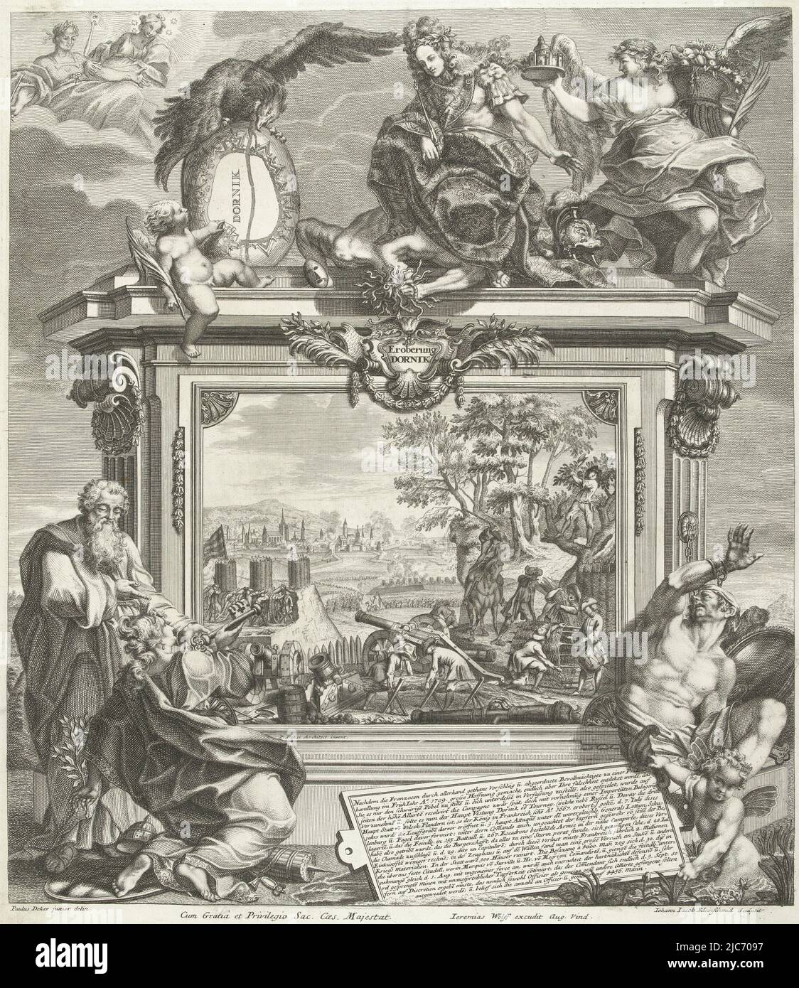 Tournai (Tournai), assediata dagli Alleati dal 29 giugno 1709, e presa il 2 settembre 1709. La rappresentazione centrale dell'assedio è racchiusa in una cornice architettonica. In cima, un'aquila che tiene una cartouche con una mappa della città e un giovane monarca (probabilmente Carlo III) calpestando Envy e inganno. In fondo, un residente di Tournai consegna la chiave della città ad una personificazione femminile di unità tra gli Alleati. A destra una cartouche descrive gli eventi in tedesco, conquista di Tournai, 1709 Eroberung Dornik , tipografia: Johann Jakob Kleinschmidt, (menzionato in oggetto), intermediario Foto Stock