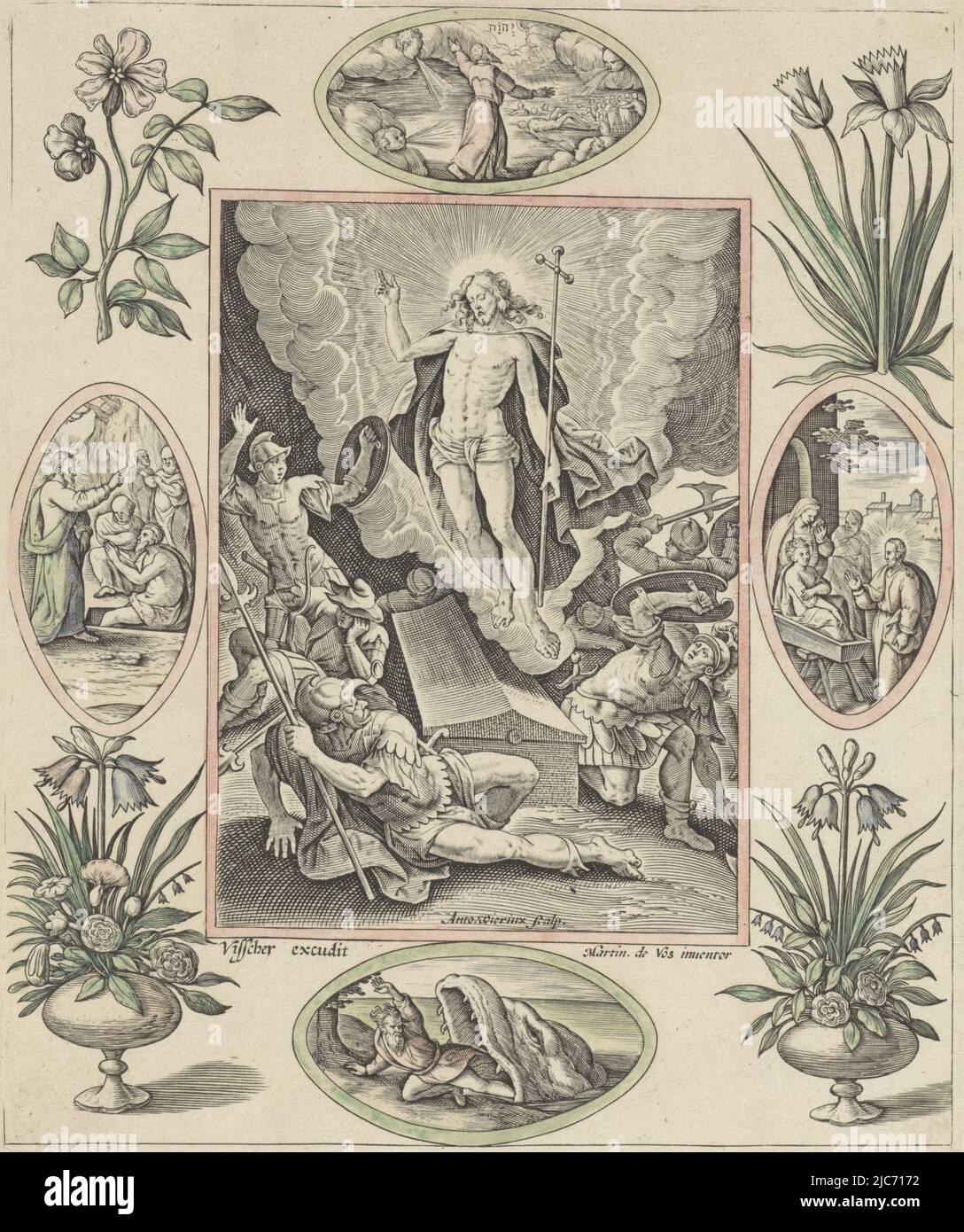 Cristo sorge dalla sua tomba. I soldati che si trovano intorno alla tomba sono stellati e fuggono. La scena è incorniciata da una cornice ornamentale decorata con fiori e quattro scene bibliche: La visione di Ezechiele con le ossa nella valle (in alto), la rinascita del figlio della vedova di Nain (a destra), Giona sputò per il pesce (in basso) e la rinascita di Lazzaro (a sinistra), la risurrezione di Cristo Passione di Cristo , stampatore: Antonie Wierix (II), (menzionato in oggetto), Maerten de Vos, (menzionato in oggetto), editore: Claes Jansz. Visscher (II), (citato in oggetto), tipografo: Anversa, editore: Amsterdam Foto Stock