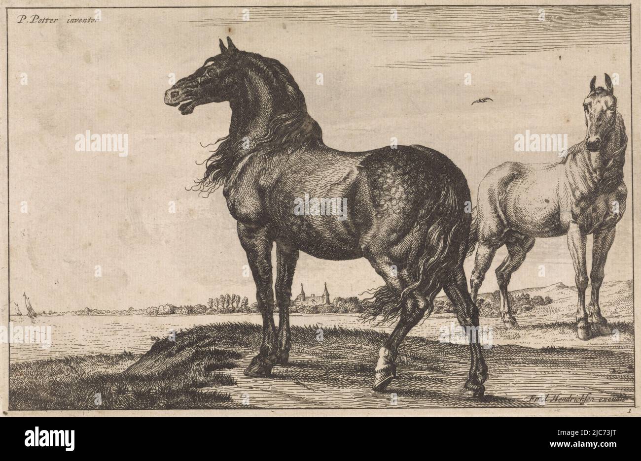 Un cavallo bianco e nero sulla riva di un grande corpo d'acqua. Una città in lontananza. Numerato in basso a destra: 1. Whinnying Horse Horses , Paulus Potter, (menzionato sull'oggetto), tipografia: anonimo, editore: F. Hendricksen, (Citato in oggetto), Paesi Bassi, 1652 - 1702, carta, incisione, a 143 mm x l 220 mm Foto Stock