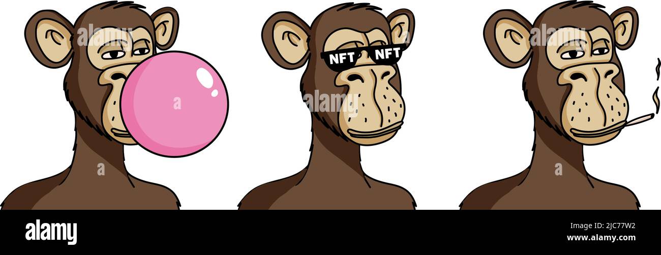 Annoiato ape NFT isolato su sfondo bianco. Illustrazione vettoriale di scimmia blockchain token non fungibile nello stile di schizzo Illustrazione Vettoriale