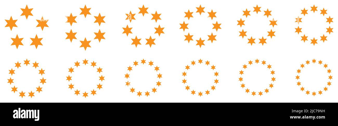 Cerchio composto da sei stelle appuntite, versione con da cinque a sedici oggetti, può essere utilizzato come elemento infografico Illustrazione Vettoriale