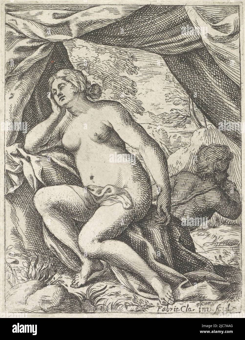 Venere è addormentato. Amor, visto da dietro, si siede dietro di lei. Venus e Amor, tipografo: Fabrizio chiari, (citato in oggetto), Fabrizio chiari, (citato in oggetto), Italia, 1625 - 1695, carta, incisione, h 128 mm - l 100 mm Foto Stock