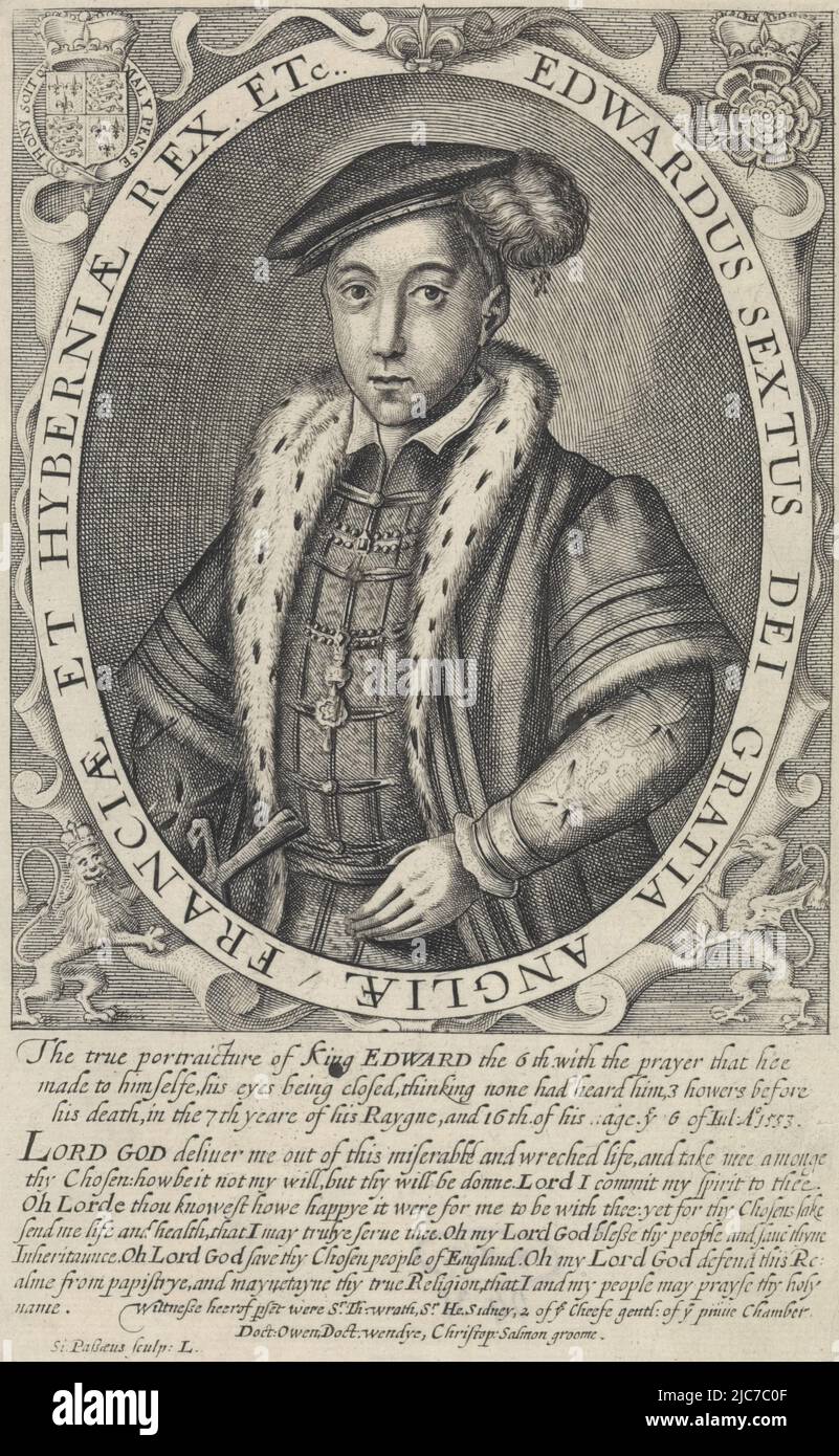 Ritratto di Edoardo VI, re d'Inghilterra. Nel bordo della cornice il nome e la funzione della persona raffigurata in latino. Nel margine il nome, la funzione e la data di morte della persona raffigurata in inglese. Sotto questo un poema di sette righe di lode in inglese, Ritratto di Edoardo VI, Re d'Inghilterra, stampatore: Simon van de Passe, (menzionato sull'oggetto), Londra, 1618, carta, incisione, a 187 mm x l 116 mm Foto Stock