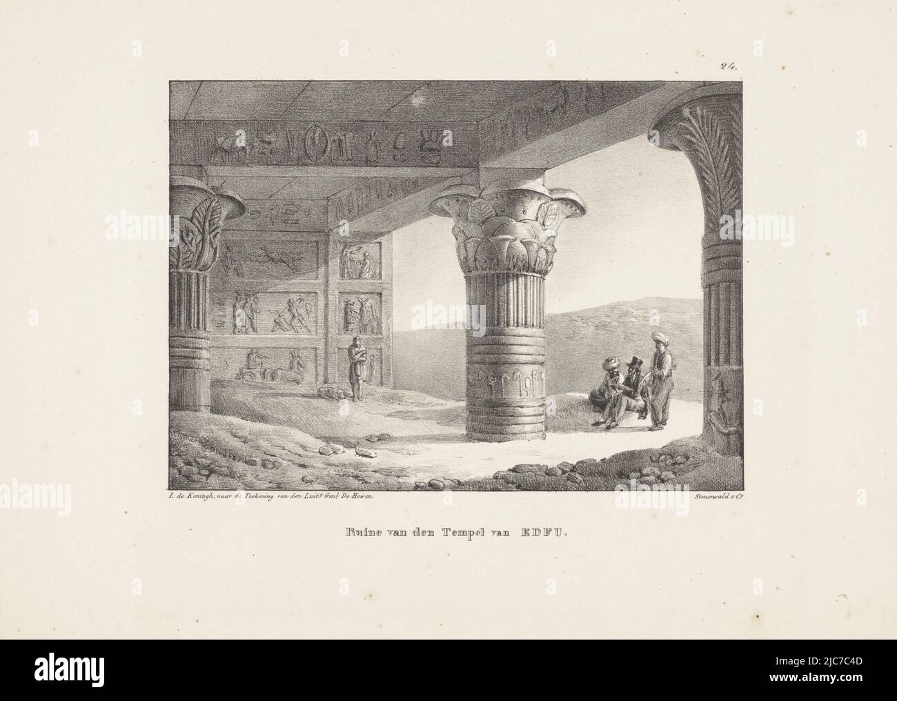 Di fronte al tempio un uomo in un cappello è seduto a terra, disegno o scrittura. Accanto a lui due uomini con turbanti. All'interno del tempio c'è una figura con un cane. Nel geroglifici del tempio, vista dal Tempio di Horus rovina del Tempio di Edfu Egiziano-Geigns quarto sei Egiziano-Geigns , tipografo: Leendert de Koningh, (menzionato sull'oggetto), otto Baron Howen, (menzionato sull'oggetto), stampante: Steuerwald & Co., (menzionato sull'oggetto), Dorpte, stampante: Egydrecht, 1830, carta, h 250 mm x l 350 mm Foto Stock