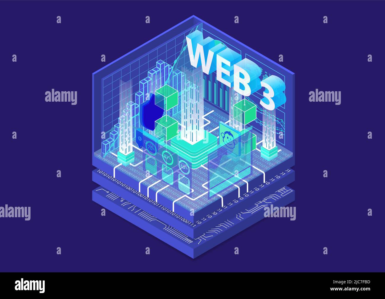 Illustrazione isometrica del vettore Web 3,0. Concetto di Internet di nuova generazione come sfondo IT scuro con effetto di bagliore. Illustrazione Vettoriale