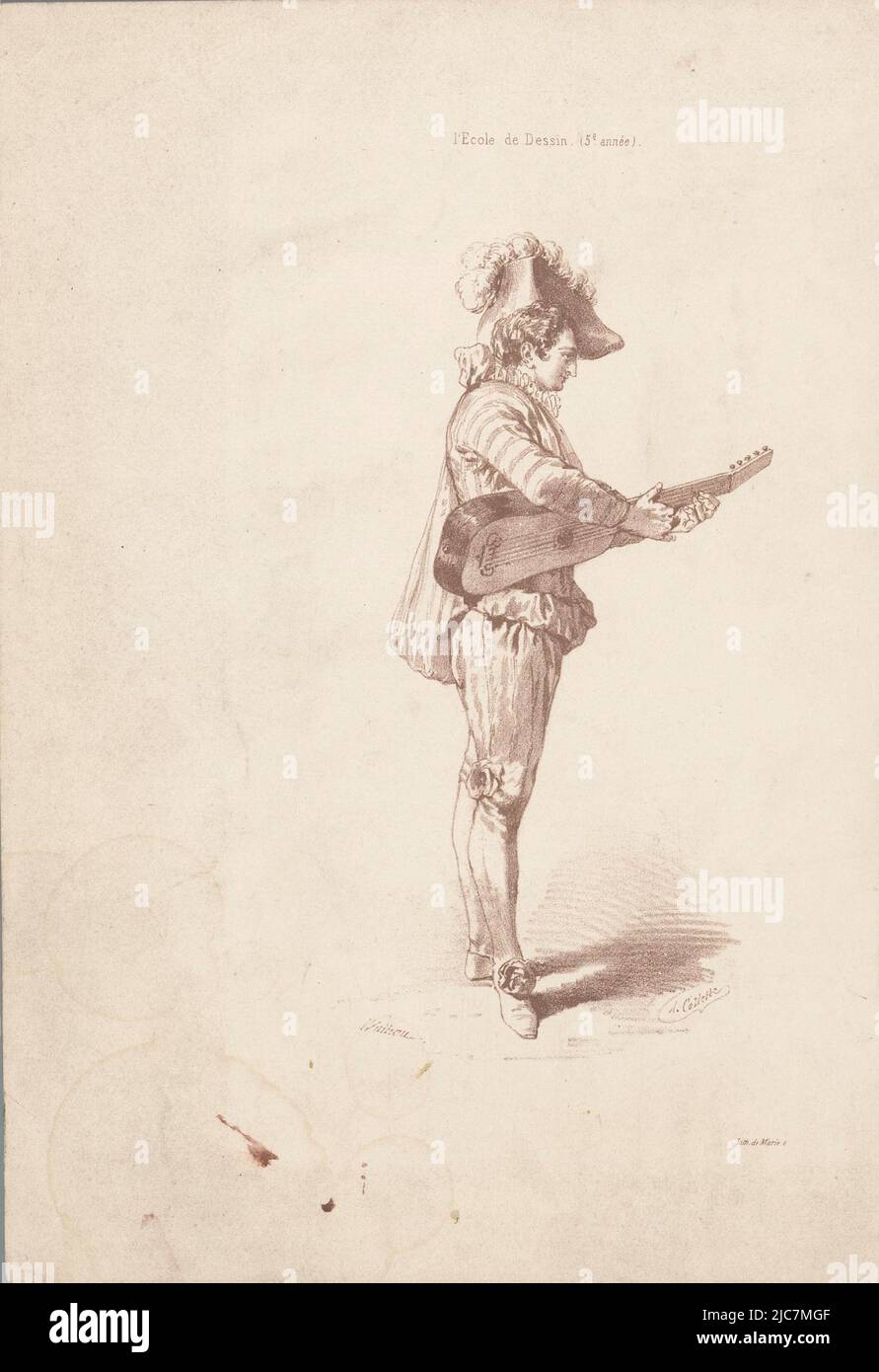 Giocatore di liuto, stampatore: Alexandre Collette, (menzionato sull'oggetto), Jean Antoine Watteau, (menzionato sull'oggetto), stampante: Franois Gille Marie, (menzionato sull'oggetto), Parigi, 1836 - 1869, carta, a 246 mm x l 169 mm Foto Stock