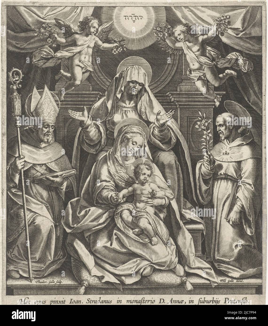 Sant'Anna è seduta su un trono. Davanti a lei c'è sua figlia Maria e suo nipote Cristo. Sopra il trono il tetragramma col nome di Dio. Accanto al trono sulla destra si trova Sant'Ignazio di Loyola. A sinistra, un vescovo. La stampa ha una didascalia latina, Anna a tre, tipografo: Theodor Galle, (menzionato sull'oggetto), dopo: Jan van der Straet, (menzionato sull'oggetto), editore: Philips Galle, (menzionato sull'oggetto), tipografo: Anversa, Dopo: Prato, editore: Anversa, Bruxelles, Anversa, 1581-1612, carta, incisione, h 230 mm x l 184 mm Foto Stock