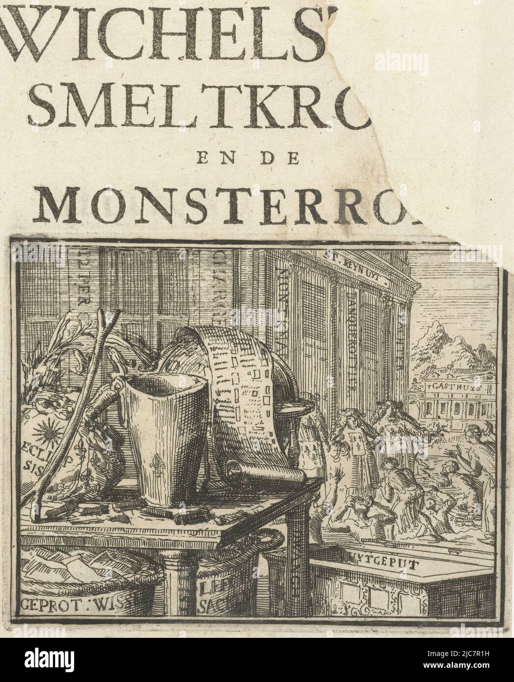 Pagina del titolo dell'opuscolo: Samenspasak tusschen Wichelstok, Melting Pot e The Monster Roll, 1701. Tavolo con crogiolo, astuccio, rotolo di carta e asta di spolatura. A terra un tesoro vuoto. Beffa dello stato povero delle finanze francesi e della fusione dei tesori della chiesa e delle stoviglie private. Pagina del titolo del opuscolo: Samenspraak tusschen Wichelstick, Crucible and the Monster Roll, 1701 Samenspraak tusschen Wichelstick, Crucible and the Monster Roll Esopus in Europe , tipografia: Romeyn de Hooghe, Paesi Bassi settentrionali, 1701, carta, incisione, stampa su carta intestata, h 175 Foto Stock
