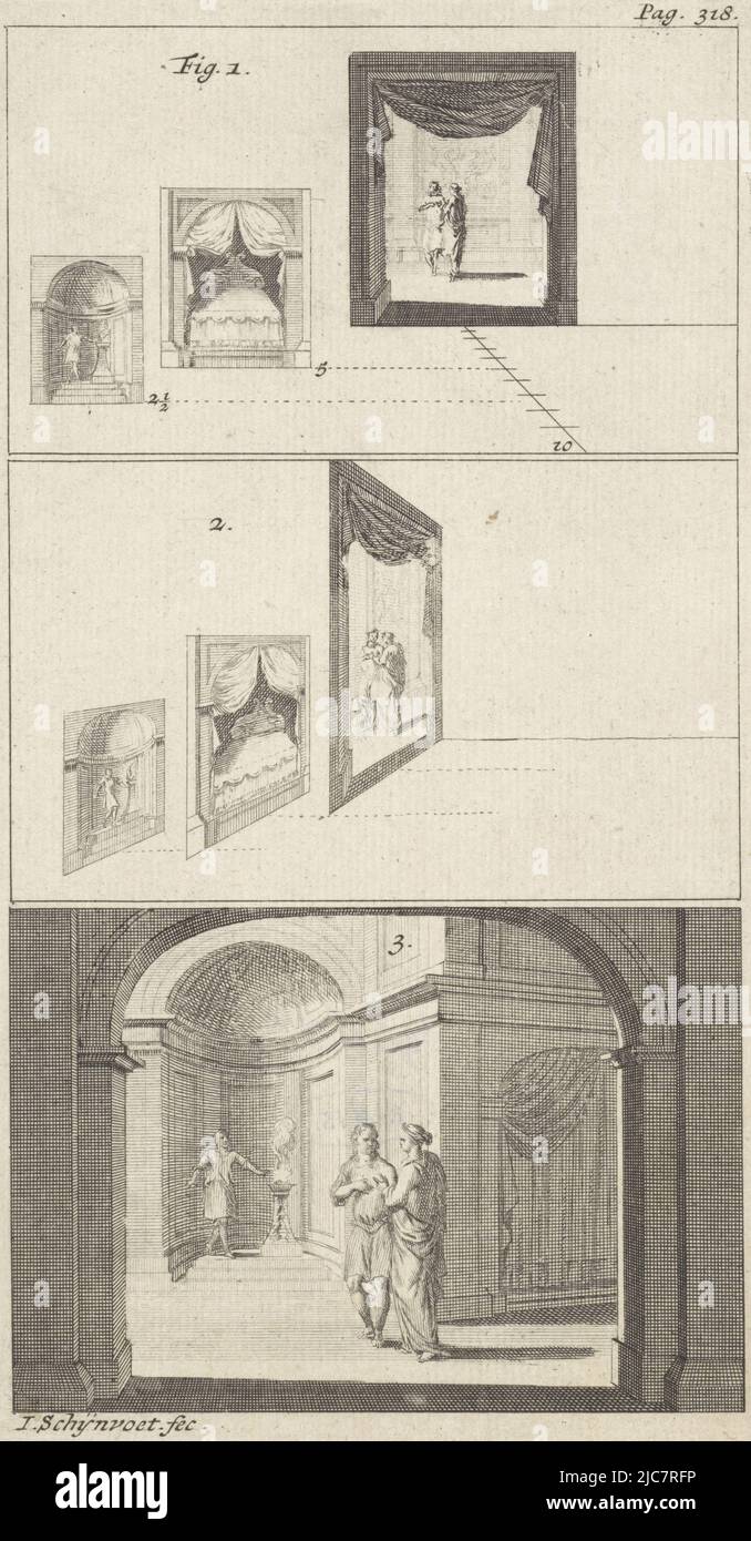 Tre stampe da una piastra, numerate. Stampa contrassegnata nell'angolo superiore destro: Pag. 318. Rappresentazione di vari sfondi sul palco, tipografo: Jacobus Schijnvoet, (citato in oggetto), Amsterdam, 1704-1733, carta, incisione, h 183 mm x l 105 mm Foto Stock