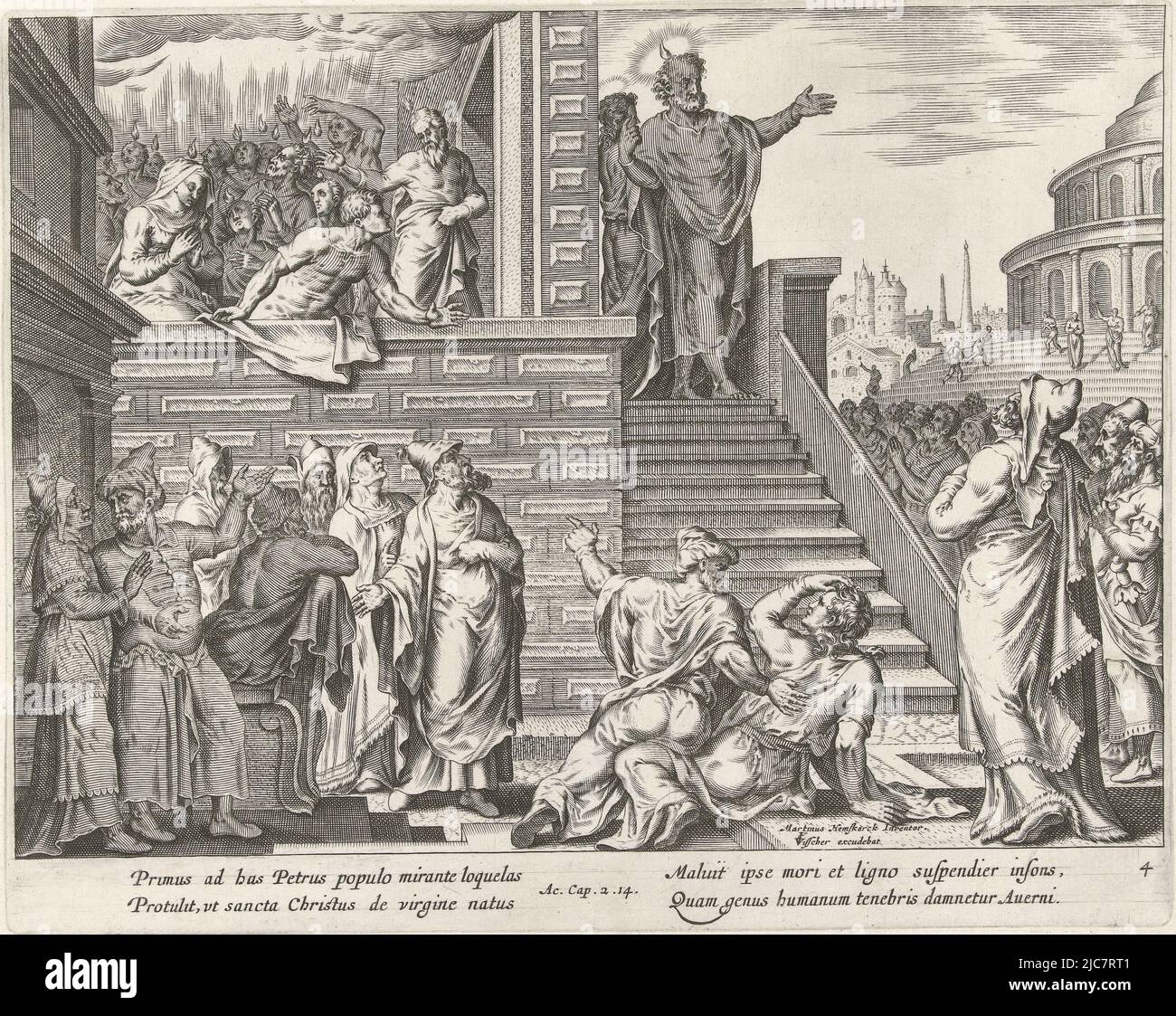Sullo sfondo, i discepoli di Cristo sono visitati dallo Spirito Santo all'interno delle stanze, sotto forma di una fiamma sopra la testa. L'apostolo Pietro si trova al di fuori della casa che annuncia il messaggio di Cristo. La stampa ha una didascalia latina ed è parte di una serie di 35 volumi che presenta gli atti degli Apostoli, Pietro predicando a Gerusalemme atti degli Apostoli Acta Apostolorum , tipografo Claes Jansz. Visscher (II), (attribuito all'officina di), Philips Galle, Maarten van Heemskerck, (menzionato sull'oggetto), tipografo: Amsterdam, Anversa, Haarlem, editore: Amsterdam, 1643 - 1646, carta, incisione, h Foto Stock