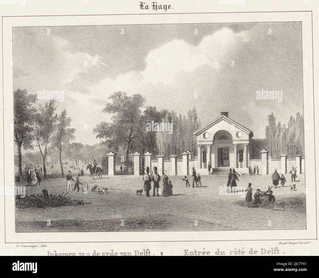 C'è un cancello su entrambi i lati del casello. A sinistra si trova un passaggio che conduce ad un prato con mucche. Di fronte al casello ci sono figure in piedi e a piedi, Tollhouse sul Rijswijkseplein in l'Aia ingresso dal lato di Delft viste delle città olandesi, tipografia: Gijsbertus Craeyvanger, (menzionato sull'oggetto), stampante: Desguerrois & Co., (menzionato sull'oggetto), tipografia: Olanda, stampante: Amsterdam, 1820 - 1895, carta, h 272 mm - l 350 mm Foto Stock