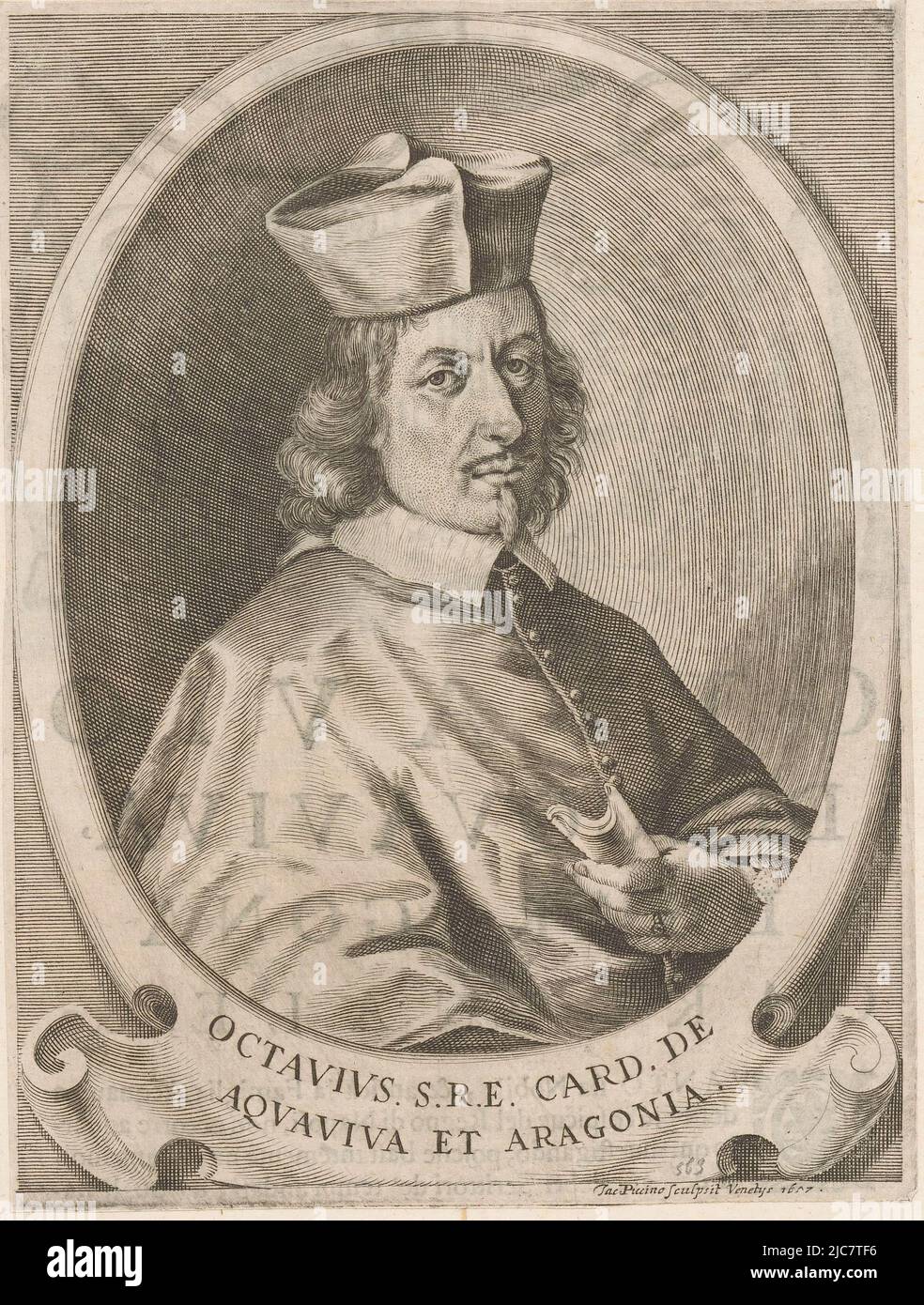 Ritratto del cardinale Ottavio Acquaviva, tipografo: Giacomo Piccini, (citato in oggetto), editore: Andrea Giuliani, Venezia, 1657 e/o 1659, carta, incisione, stampa tipografica, h 180 mm - l 136 mm Foto Stock