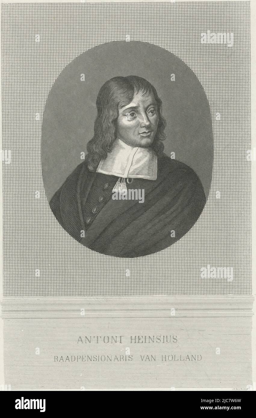 Ritratto di Anthonie Heinsius, pensionato del concilio d'Olanda dal 1689 al 1720. Sotto il ritratto il suo nome, e titolo. Ritratto di Anthonie Heinsius, tipografia: Jan Frederik Christiaan Reckleben, (menzionato sull'oggetto), G. v.d. Eikhout, Amsterdam, 1877 - 1879, carta, incisione in acciaio, a 255 mm x l 169 mm Foto Stock