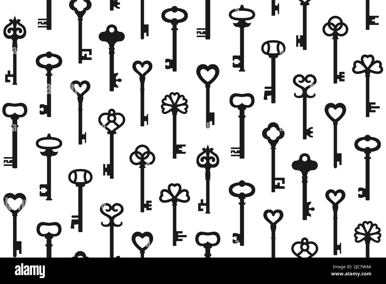 Motivo senza cuciture con silhouette chiave. Vecchie chiavi boundless tessuto o carta da parati vintage packaging. Crittografia di blocco del simbolo di accesso privato retrò e moderno. Scrapbook vettoriale di ripetizione dello sfondo Illustrazione Vettoriale