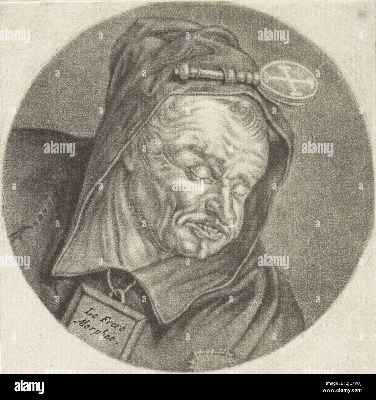 Monaco addormentato con un segno sul petto che legge 'le Frere Morph, tipografo: Jacob Gole, Cornelis Dusart, 1670 - 1724 e/o 1693 - 1700, carta, incisione, h 115 mm x w 90 mm Foto Stock Monaco addormentato con un segno sul petto che legge 'le Frere Morph, tipografo: Jacob Gole, Cornelis Dusart, 1670 - 1724 e/o 1693 - 1700, carta, incisione, h 115 mm x w 90 mm Foto Stock