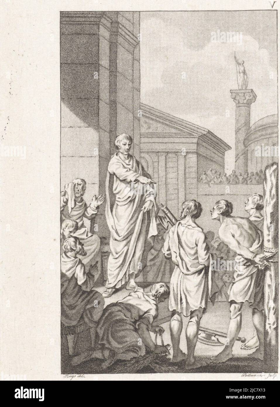 Tito e Tiberio, figli del console romano Lucius Junius Bruto, furono coinvolti in una cospirazione per riportare al potere la monarchia. Ma i loro piani sono stati ingannati e sono stati imprigionati. Sono condannati a morte dal loro padre, Lucius Junius Brutus pronuncia la sentenza contro i suoi figli, stampatore: Ludwig Gottlieb Portman, (menzionato sull'oggetto), disegnatore intermediario: Jacobus acquista, (menzionato sull'oggetto), Utrecht, 1793, carta, incisione, h 209 mm x l 127 mm Foto Stock