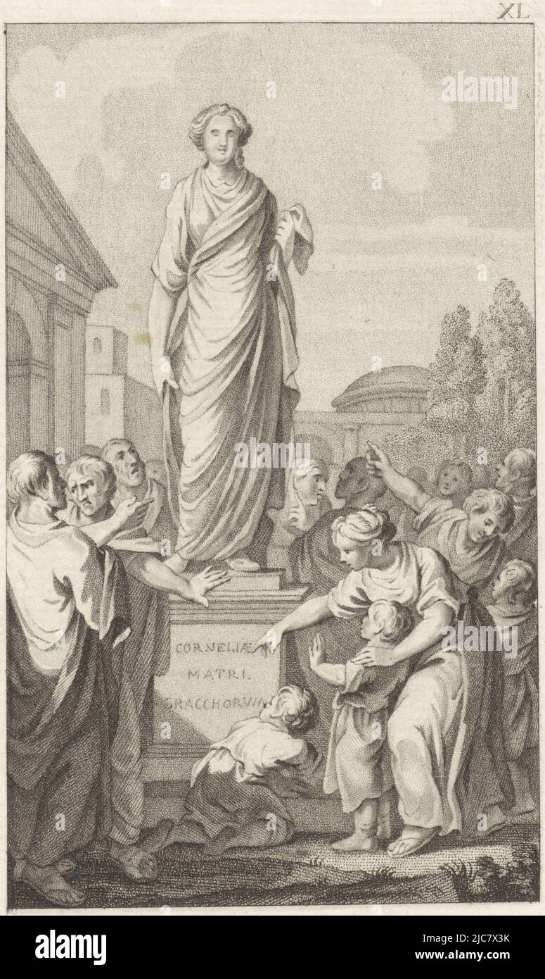 Tiberio Sempronius Gracchus III, su richiesta della madre Cornelia, istituisce una riforma. Il popolo è contento e una statua è eretta in suo onore. Sul piedistallo è scritto: "Cornelia, madre dei Graci", rappresentazione di Gracchus, tipografia: Ludwig Gottlieb Portman, disegnatore intermedio: Jacobus buys, (possibilmente), Amsterdam, 1797, carta, incisione, h 205 mm x l 133 mm Foto Stock