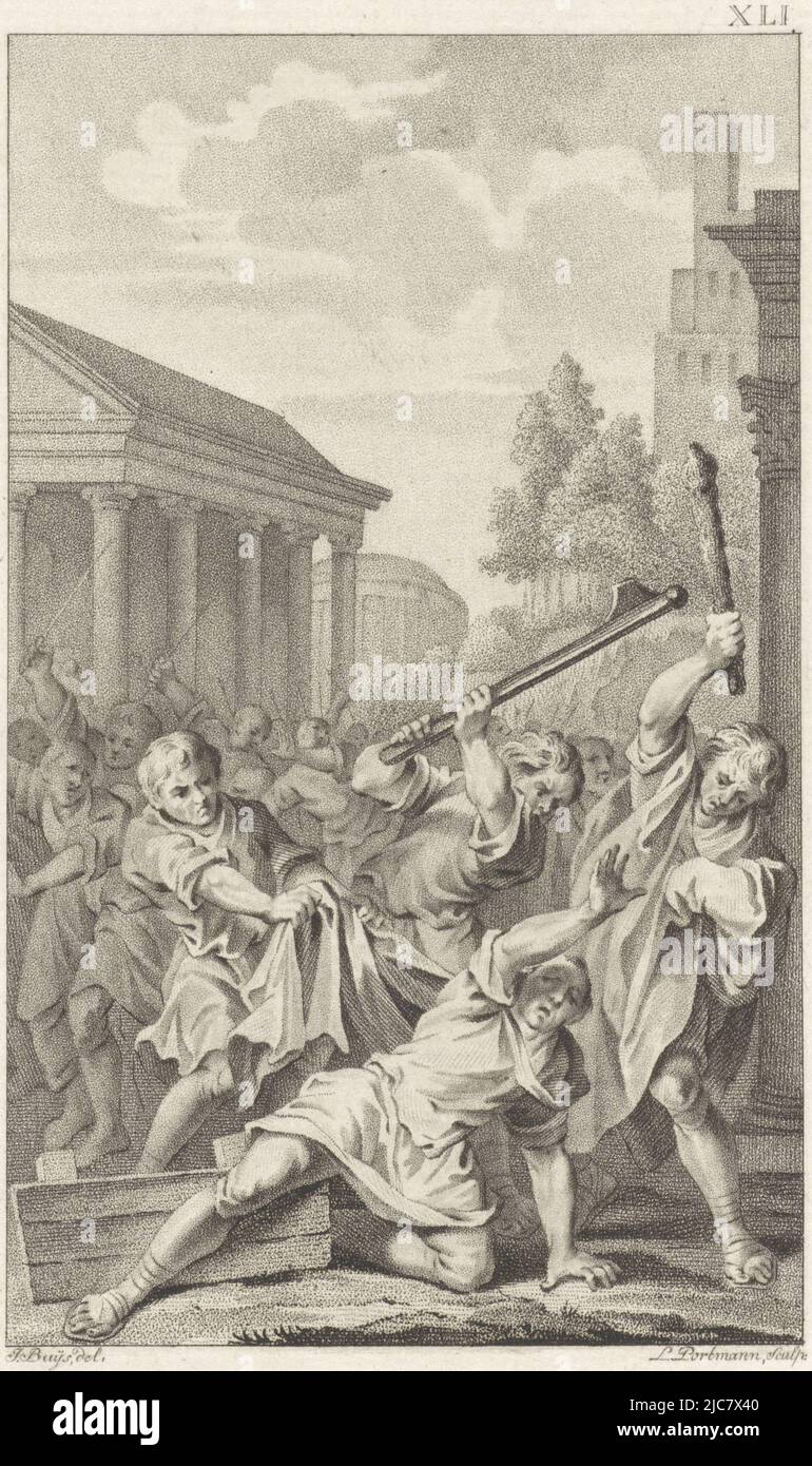 Durante un incontro in Campidoglio, Tiberio Sempronio Gracchus III, per ordine del nipote Scipio Nasica, viene picchiato a morte da uomini con bastoni. Assassinio di Tiberio Gracchus, stampatore: Ludwig Gottlieb Portman, (menzionato in oggetto), relatore intermediario: Jacobus buys, (menzionato in oggetto), Amsterdam, 1797, carta, incisione, h 206 mm x l 133 mm Foto Stock