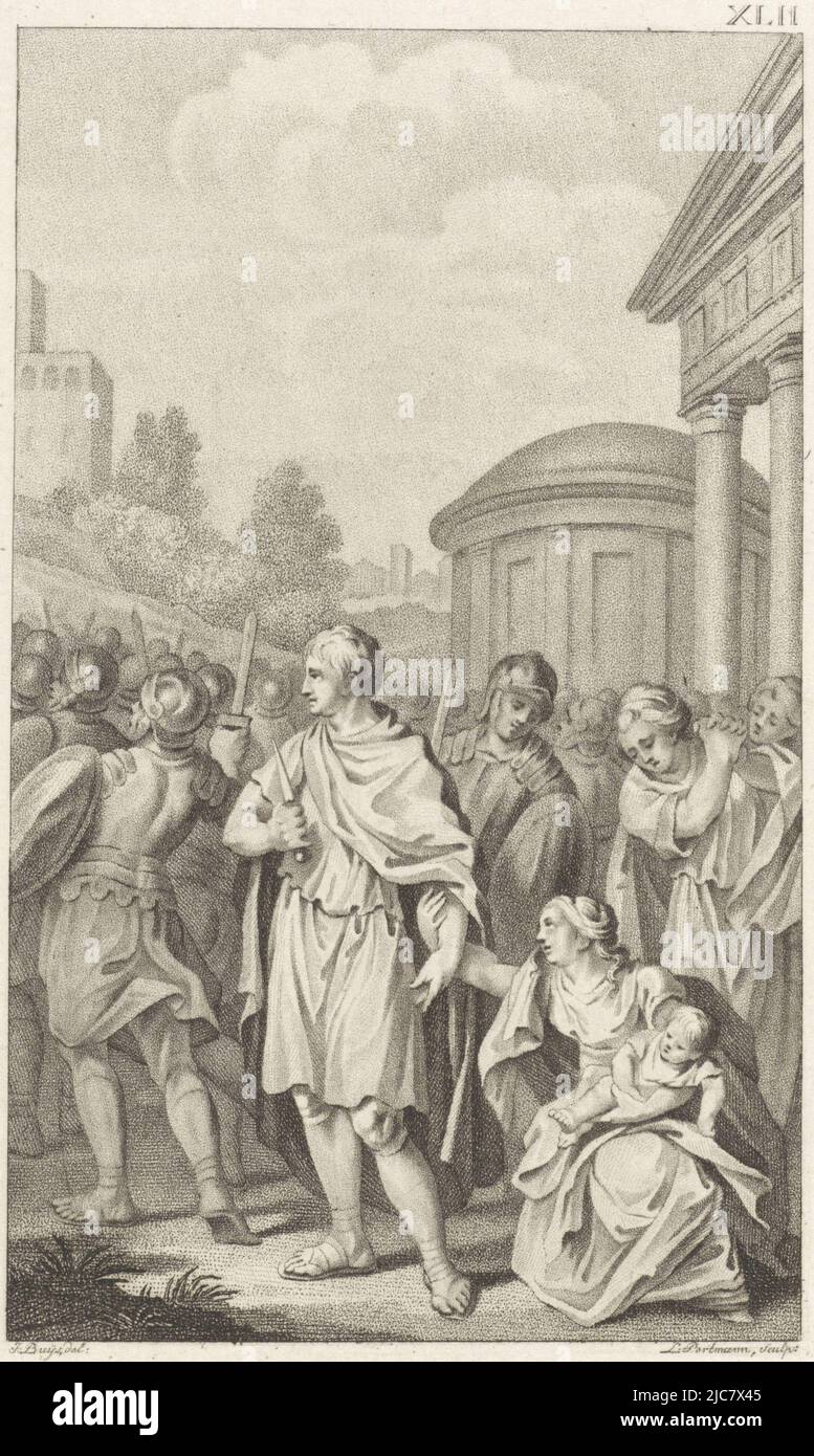 Gracchus cammina con la retinue di Flaccus in una protesta di massa verso l'Aventino. Tiene solo un pugnale in mano. Sua moglie Licinia cerca di fermarlo. Ultimo giorno di Gaius Sempronius Gracchus, tipografo: Ludwig Gottlieb Portman, (menzionato sull'oggetto), disegnatore intermediario: Jacobus buys, (menzionato sull'oggetto), Amsterdam, 1797, carta, incisione, h 205 mm x l 131 mm Foto Stock