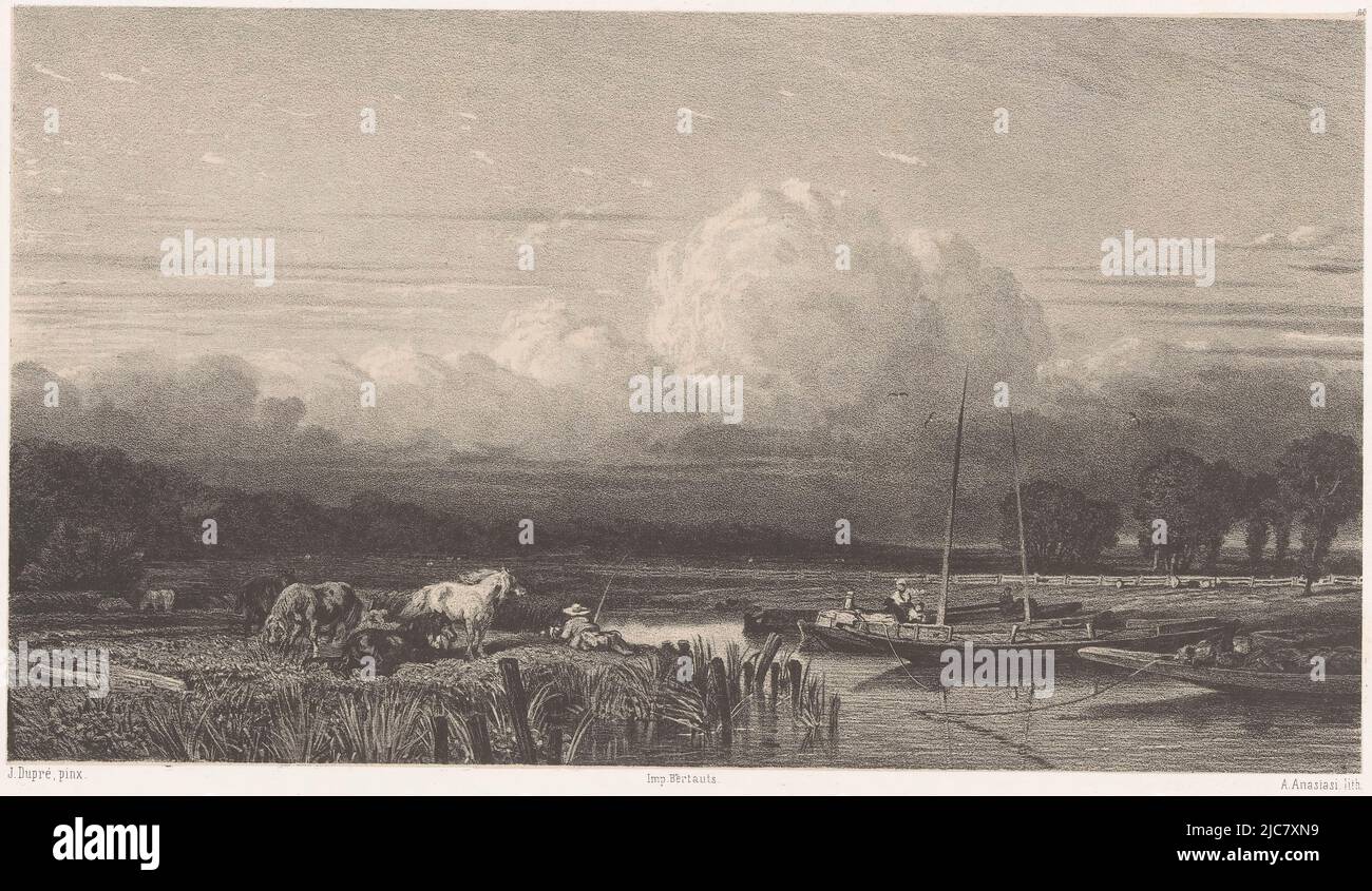 Paesaggio fluviale vicino Southampton artisti contemporanei Les artistes contemporains , tipografo: Auguste Paul Charles Anastasi, (menzionato sull'oggetto), dopo: Jules Dupré, (menzionato sull'oggetto), tipografo: Victor Jacques Bertauts, (menzionato sull'oggetto), Parigi, 1848, carta, h 314 mm - l 450 mm Foto Stock