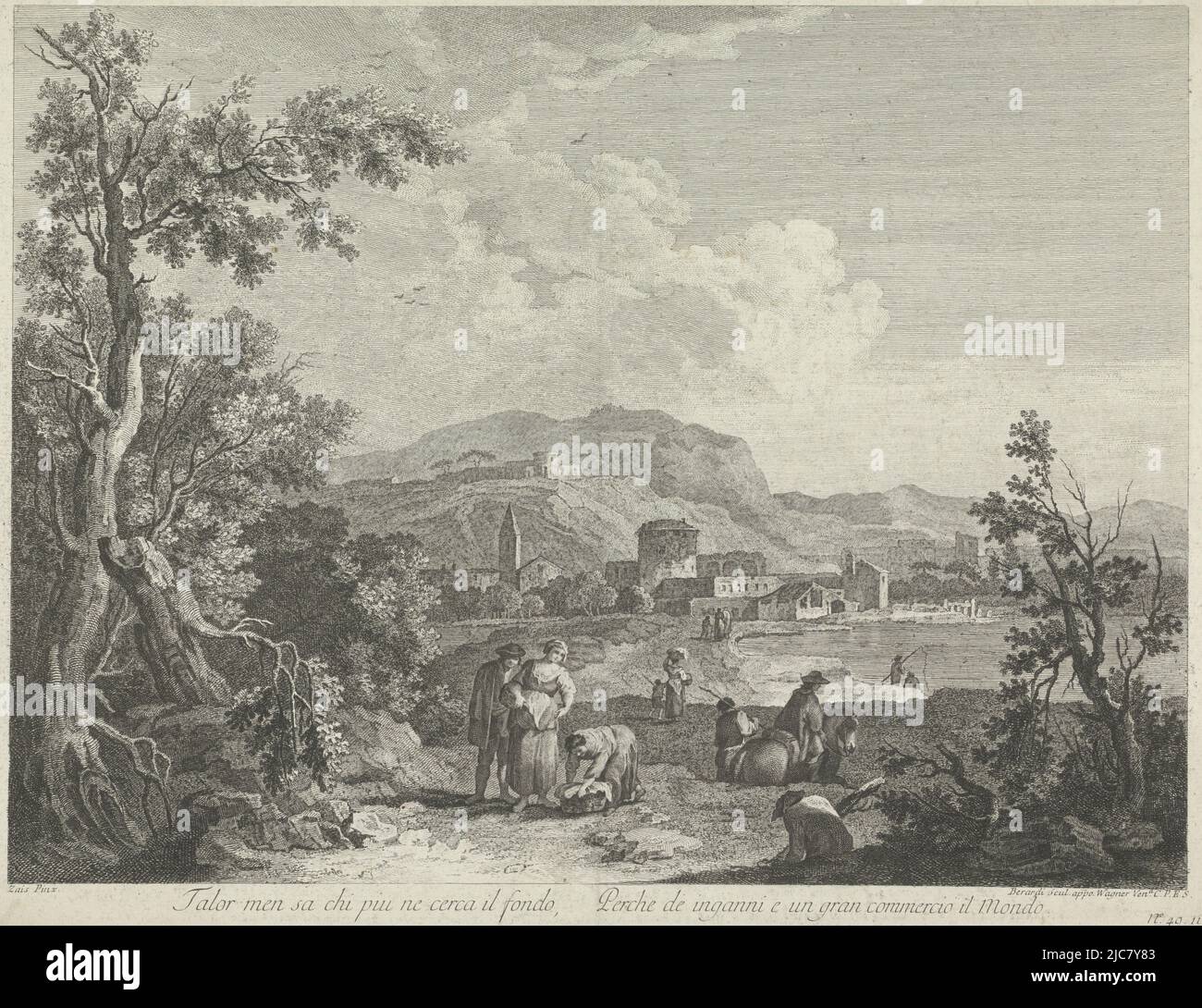 Un paesaggio con un villaggio vicino ad un lago. In primo piano donne con cesti di lavanderia, un uomo a cavallo e pescatori sul lungomare. Numerato in basso a destra: N. 49. Paesaggio con villaggio sul lago, tipografo: Fabio Berardi, (menzionato sull'oggetto), dopo: Giuseppe Zais, (menzionato sull'oggetto), editore: Joseph Wagner, (Menzionato sull'oggetto), tipografo: Italia, editore: Venezia, 1738 - 1767, carta, incisione, h 361 mm x l 469 mm Foto Stock