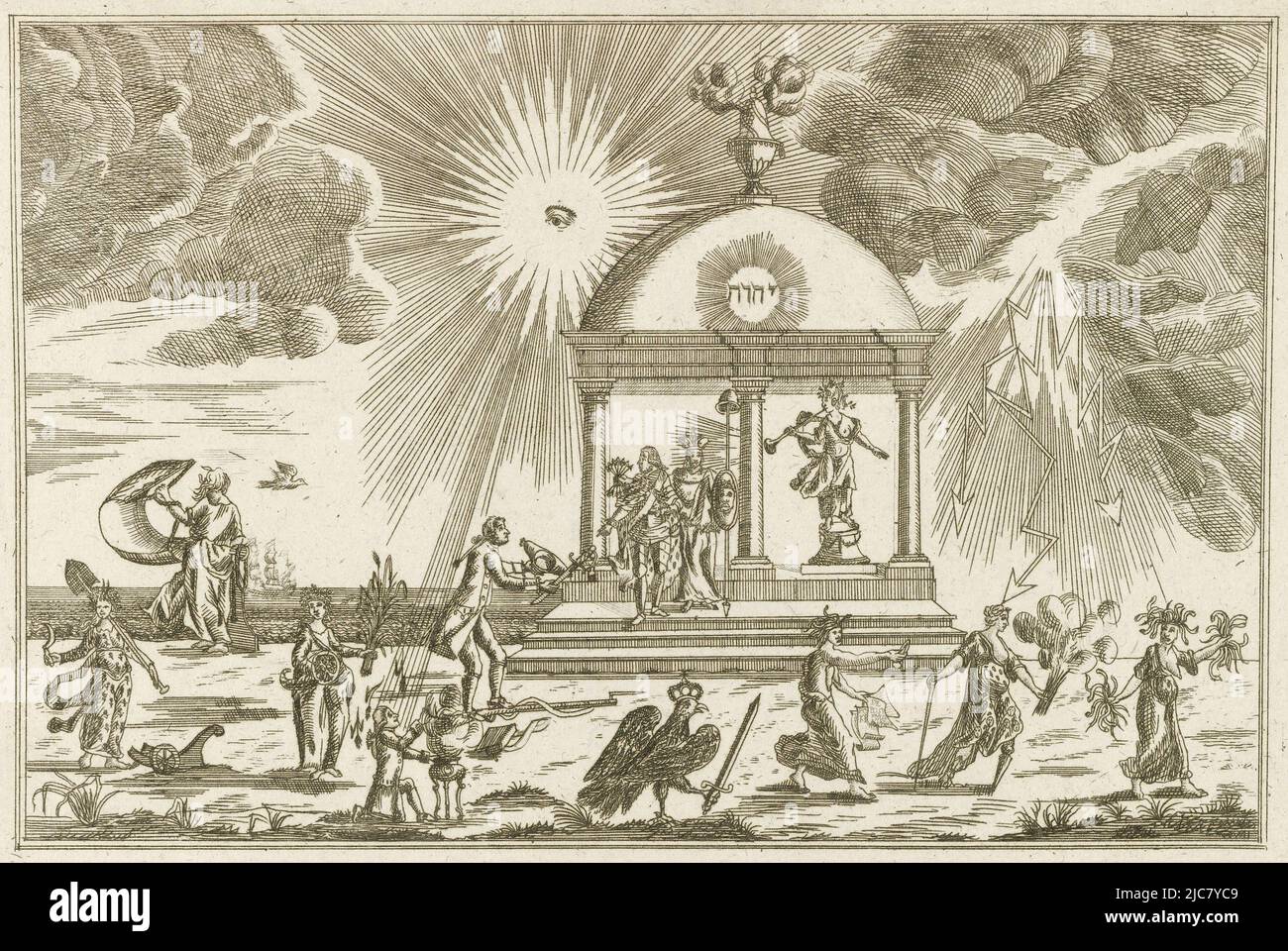 Allegoria del restauro di Stadholder William V nel 1787. Il padovano che si trova nel Tempio della religione riceve cappello e sciabola da un patriota che sta ritirando la sua pistola, sulla destra la Fame. In primo piano una serie di figure: L'aquila prussiana insegue l'invidia, la menzogna e il male. A sinistra, le benedizioni che il ripristino della pace porta a compimento. Nel cielo l'occhio tutto-vedente. Sulla foglia sotto la piastra una spiegazione della rappresentazione. Rappresentazione allegorica sul Principe Guglielmo V, 1787, tipografo: anonimo, Paesi Bassi del Nord, 1787, carta, incisione, stampa letteraria Foto Stock