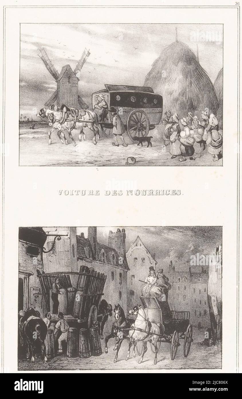 In un ambiente rurale, un gruppo di donne si trova accanto al carrello per gli alimentatori. Una carrozza con due coachmen guida lungo una strada alle cinque del mattino e passa una vettura di trasporto che viene caricata, due rappresentazioni con carrozze Voiture des nourries Cinq heures du matin tutti i tipi di veicoli Panidocheme ou toutes sortes de voitures , tipografo: Victor Adam, (menzionato in oggetto), stampatore: Charles Etienne Pierre Motte, (menzionato in oggetto), editore: Charles Etienne Pierre Motte, (menzionato in oggetto), Parigi, 1830, carta, h 345 mm - l 260 mm Foto Stock