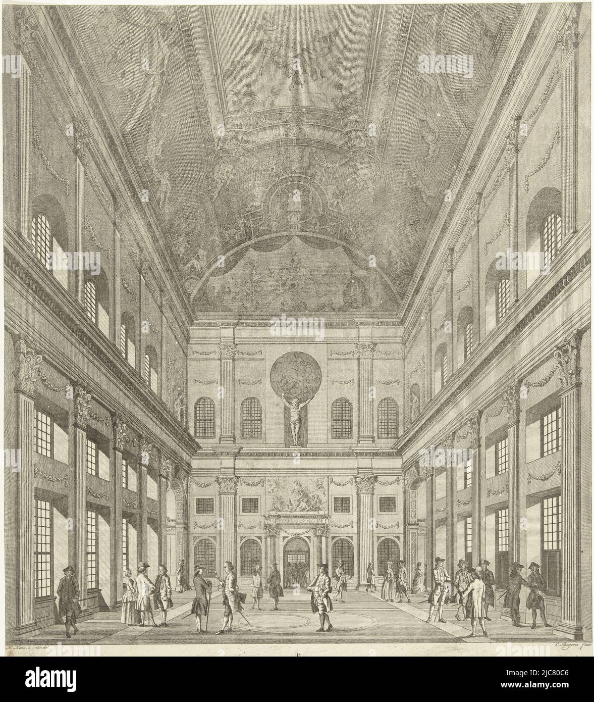 Il lato ovest del Municipio dei cittadini nel Palazzo Dam di Amsterdam. Sullo sfondo al centro l'ingresso all'ex Schepenzaal. Sopra nel centro Justitia (Giustizia), sotto i suoi piedi re Midas come la personificazione di avidità e Invidia, la personificazione di Envy e Envy. A sinistra della morte di giustizia, a destra la personificazione della punizione. Sopra di esso, la statua dell'Atlante. In camera molte figure sono a piedi e parlare. Sotto il titolo in olandese (a sinistra) e francese (a destra), lato ovest della Sala dei cittadini nel Palazzo reale su Piazza Dam, Vista dalla Sala Grande, nel Foto Stock