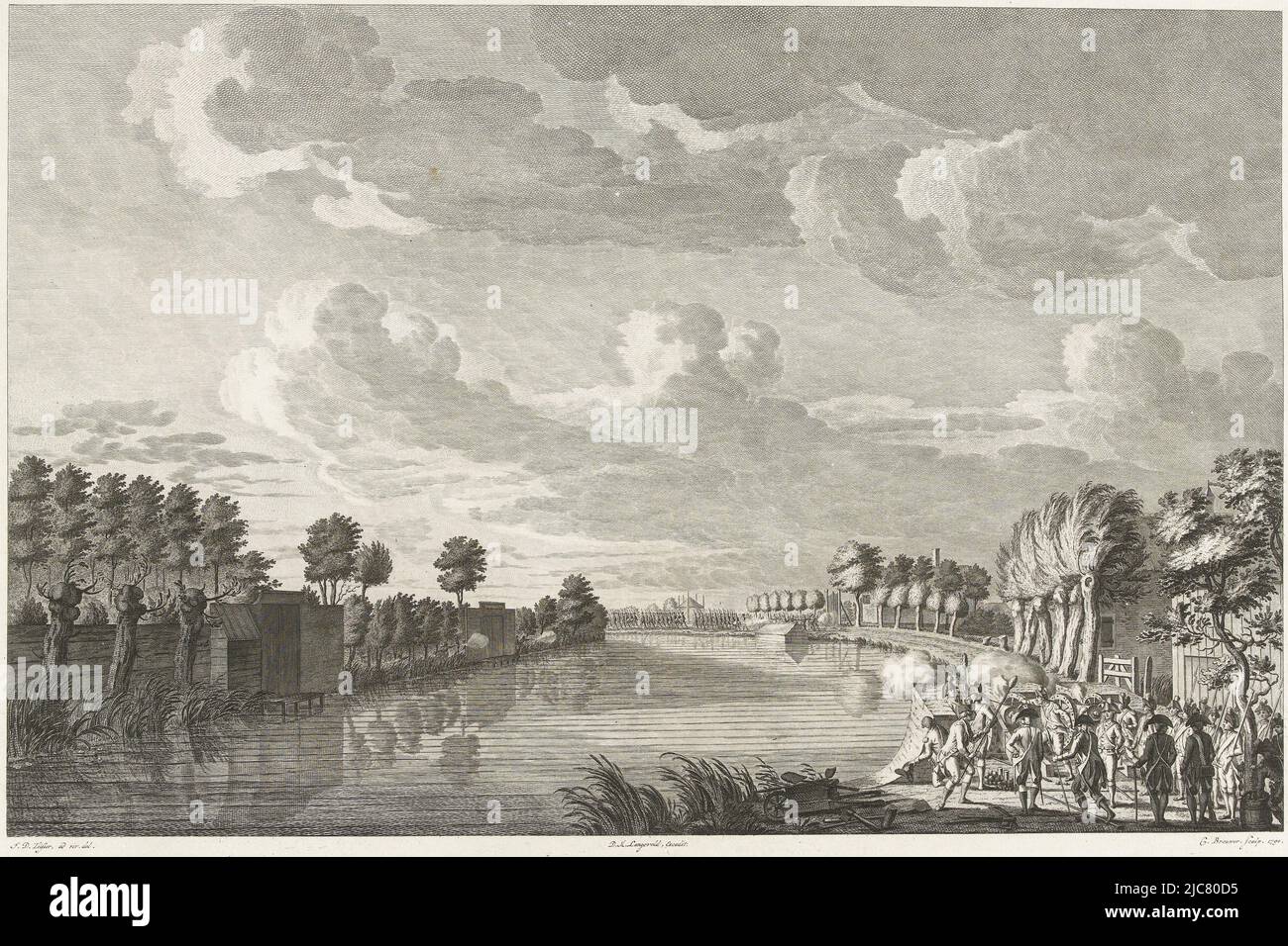 Vista del fiume Amstel vicino Ouderkerk nella tenuta di Bullewijk: Le truppe prussiane guidate dal generale Calkreuth e dalla milizia di Amsterdam guidata dal tenente colonnello G.H. de Wilde si affrontano il 1 ottobre 1787. Le truppe prussiane attaccano gli sparatutto di Amsterdam nei pressi di Ouderkerk aan de Amstel il 1 ottobre 1787 attacco di Ouderkerk aan den Amstel den 1te ottobre 1787 Vue du poste devant Ouderkerk sur l'Amstel le 1er octre. 1787 , stampatore: Cornelis Brouwer, (menzionato in oggetto), relatore intermedio: Jean George Teissier, (menzionato in oggetto), editore: Dirk Meland LANGEVELD, (menzionato in data Foto Stock