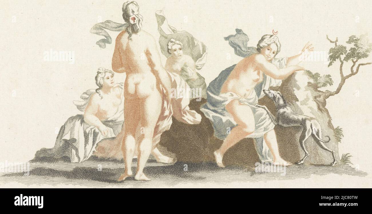 Diana, dea della luna e dea della caccia, con un cane da caccia. Accanto alle sue tre ninfe. Diana e le sue ninfe, tipografia: Johannes Jacobsz van den Aveele, (attribuito a), Johan Teyler, Paesi Bassi, 1688 - 1698, carta, incisione, h 160 mm x l 225 mm Foto Stock