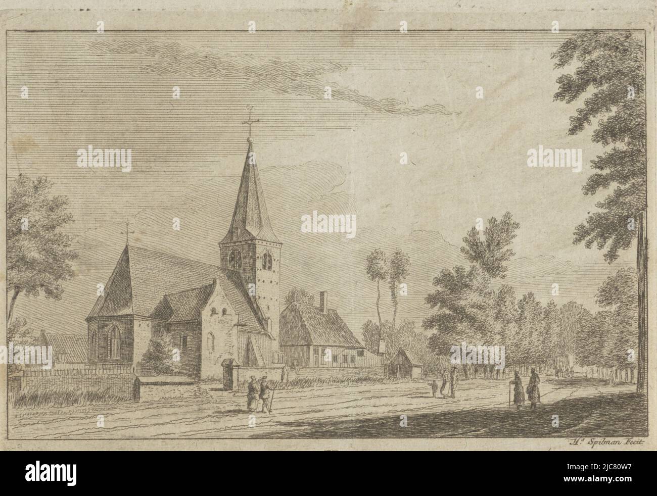 Vista di Hoevelaken, il villaggio di Hoeflaken., tipografo: Hendrik Spilman, (menzionato sull'oggetto), Haarlem, 1742 - 1784, carta, incisione, h 135 mm x l 190 mm Foto Stock