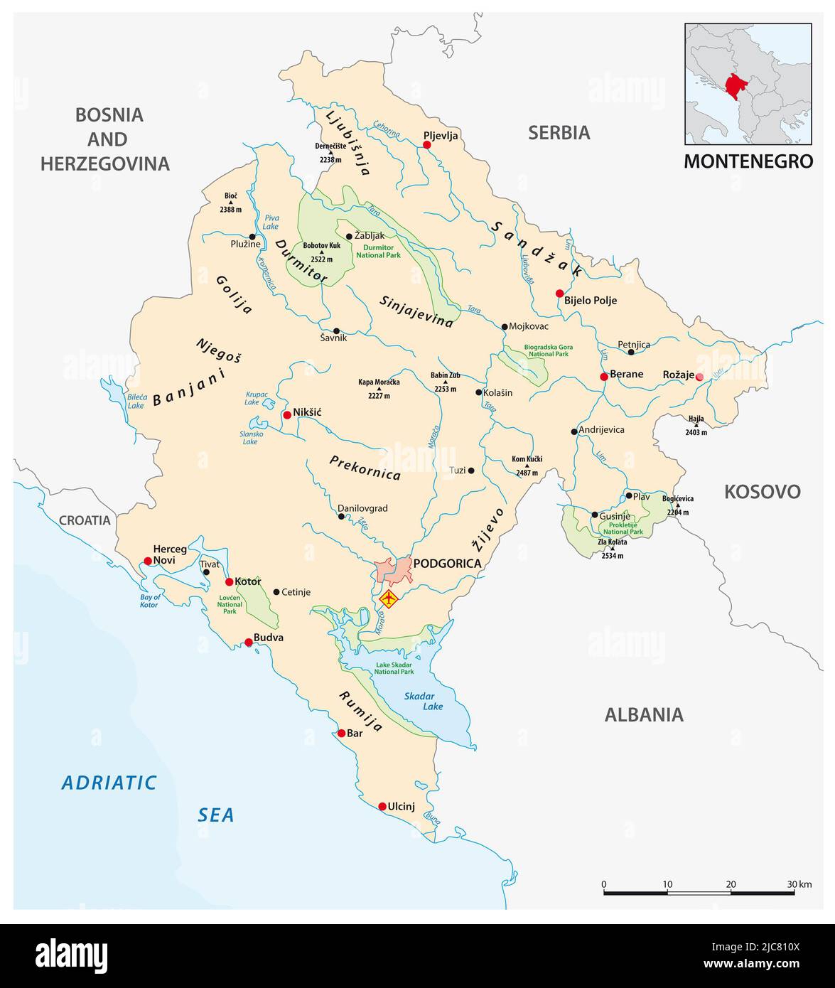 Mappa vettoriale della Republia dell'Europa sudorientale Montenegro Foto Stock