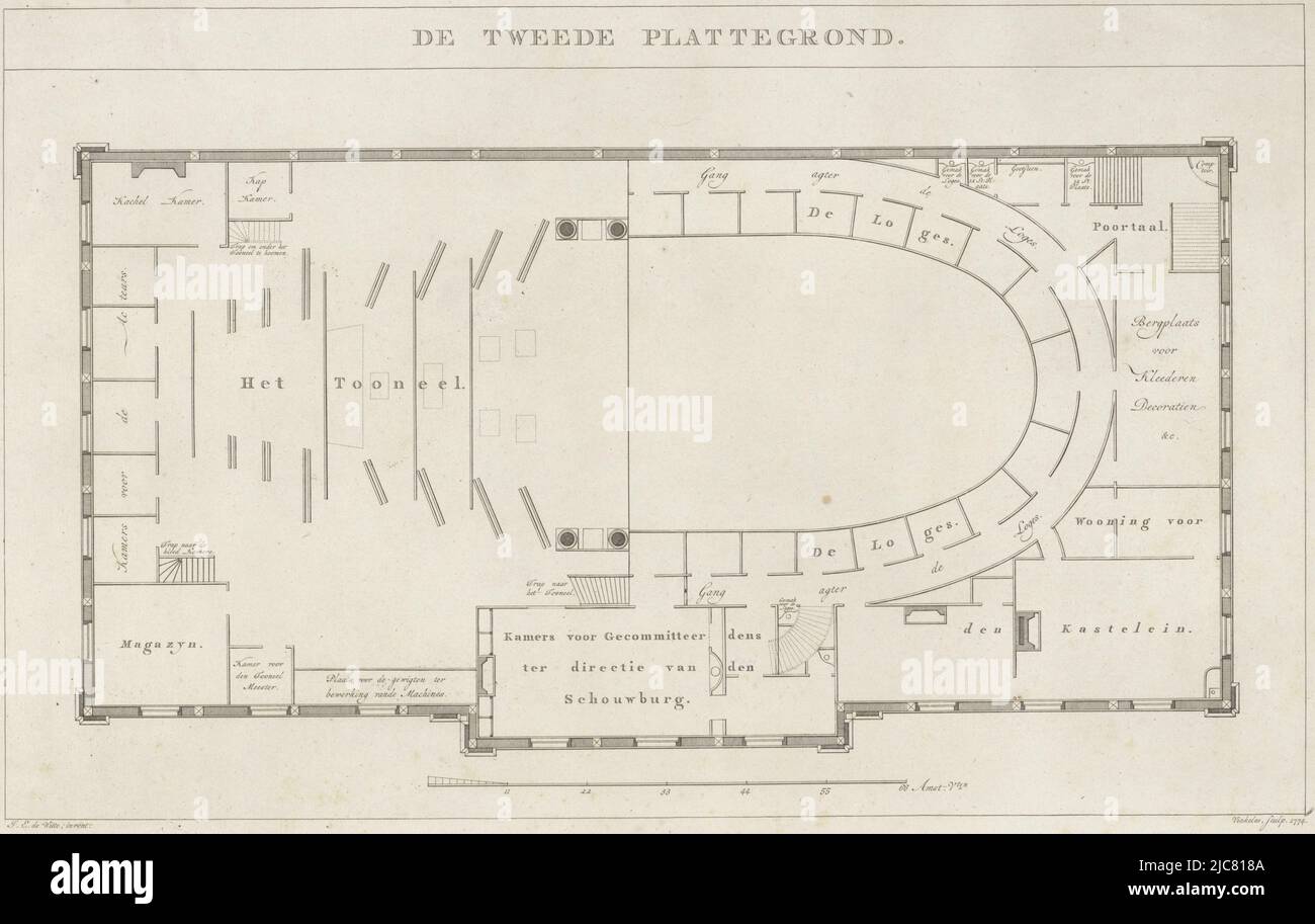 Piano primo del teatro di Amsterdam piano secondo, tipografia: Reinier Vinkeles (i), (menzionato sull'oggetto), tipografia: Harmanus Vinkeles, (menzionato sull'oggetto), Jacob Eduard de Witte, (menzionato sull'oggetto), Amsterdam, 1774, carta, incisione, h 330 mm x l 510 mm Foto Stock