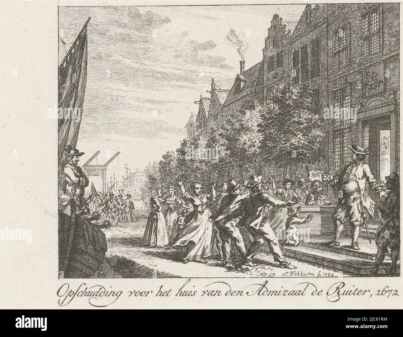 Folla infuriato di fronte alla casa dell'ammiraglio De Ruyter sul Prins Hendrikkade ad Amsterdam. È stato accusato falsamente di aver tentato di tradirlo ai francesi. Commozione di fronte alla casa dell'ammiraglio De Ruyter, 1672 , tipografo: Simon Fokke, (menzionato sull'oggetto), Simon Fokke, (menzionato sull'oggetto), Amsterdam, 1782, carta, incisione, h 124 mm x l 144 mm Foto Stock