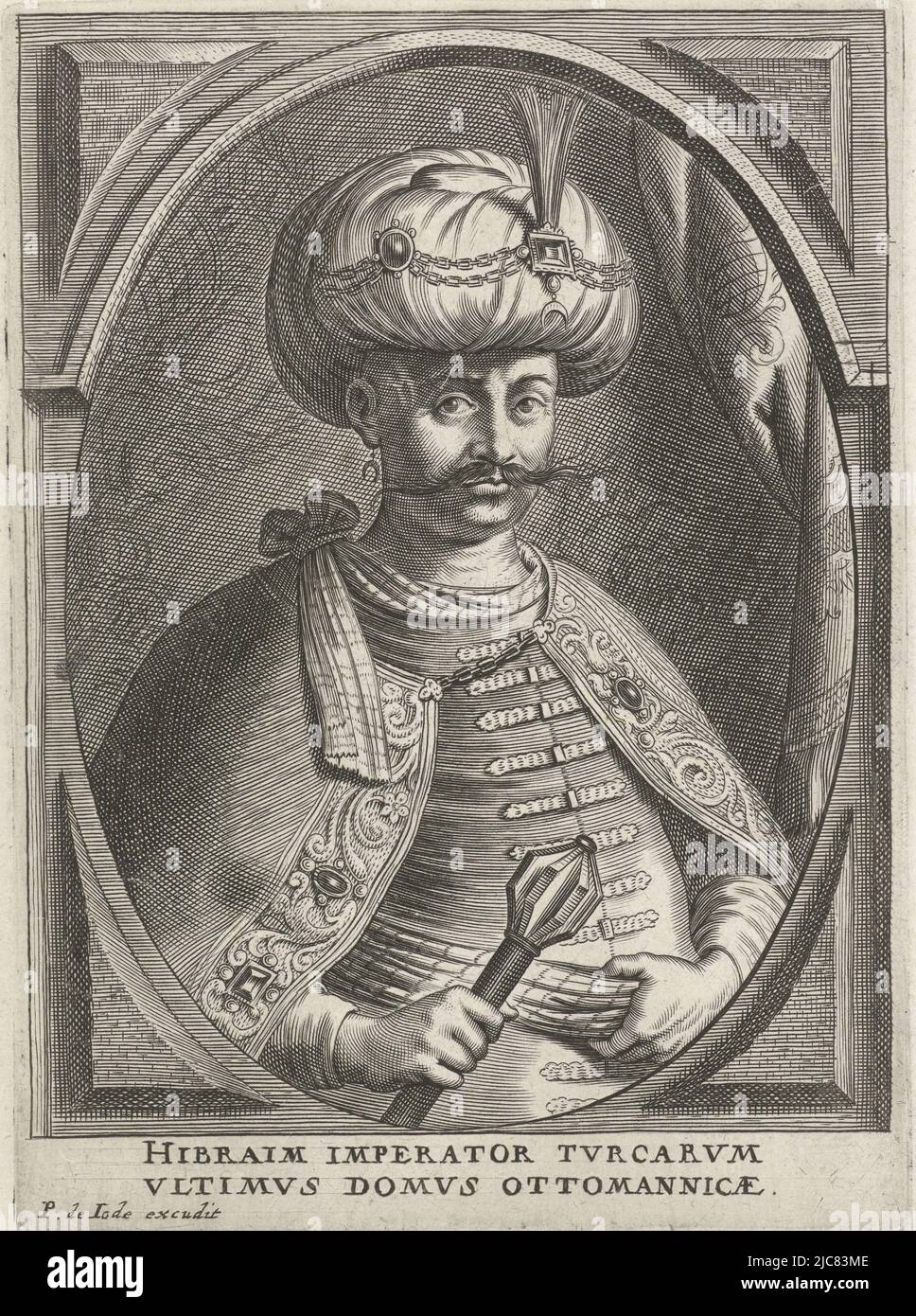 Ritratto di Ibrahim, Sultano di Turchia, nel mezzo vitello. Indossa un turbante e tiene un bastone nella mano destra. Il ritratto è incorniciato in una cornice ovale con contorno quadrato. A margine, una didascalia a due righe in latino: Ritratto di Ibrahim, Sultano della Turchia Teatro dei Vescovi, imperatori, re, duchi, principi, Ecc. Theatrum pontificum, imperatorum, regum, ducum, principum, Etc. , Editore: Pieter de Jode (II), (menzionato sull'oggetto), tipografo: anonymous, Antwerp, 1628 - 1670, carta, incisione, h 161 mm x l 117 mm Foto Stock