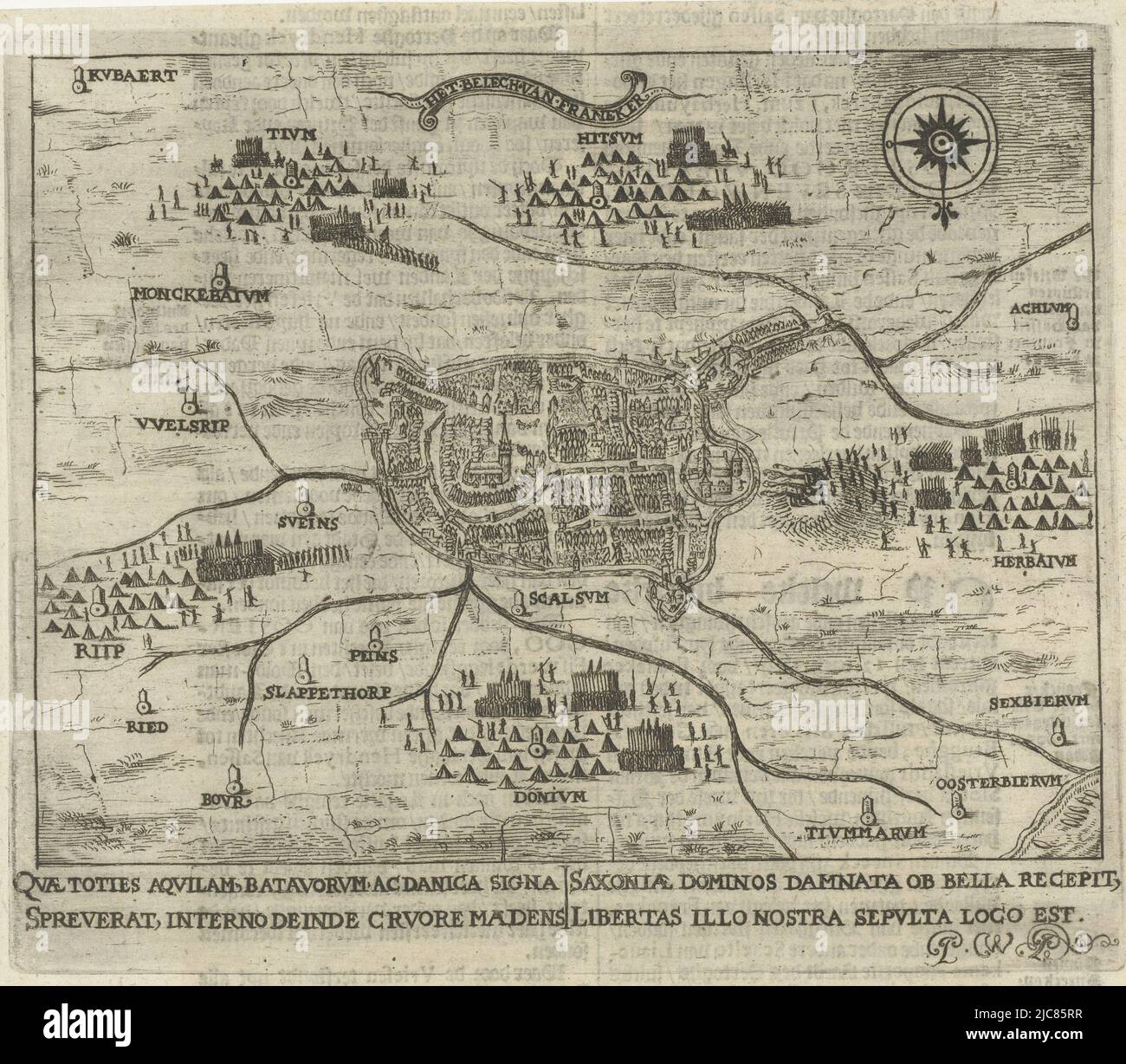 Mappa dell'assedio di Franeker sassone da parte di 16000 Frisoni guidati da nobili frisoni Avlya, Borga e altri, 12 maggio - 16 luglio 1500. Mappa che mostra la posizione degli eserciti Frisiani e i nomi latini dei villaggi circostanti. Con didascalia a due righe in latino. Testo olandese sul retro, Assedio di Franeker, 1500 Het beleh van Franeker , tipografo: Pieter Feddes van Harlingen, (attribuito a), Pier Winsemius, (menzionato in oggetto), Paesi Bassi del Nord, 1620 - 1622, carta, incisione, h 152 mm x l 179 mm Foto Stock Mappa dell'assedio di Franeker sassone da parte di 16000 Frisoni guidati da nobili frisoni Avlya, Borga e altri, 12 maggio - 16 luglio 1500. Mappa che mostra la posizione degli eserciti Frisiani e i nomi latini dei villaggi circostanti. Con didascalia a due righe in latino. Testo olandese sul retro, Assedio di Franeker, 1500 Het beleh van Franeker , tipografo: Pieter Feddes van Harlingen, (attribuito a), Pier Winsemius, (menzionato in oggetto), Paesi Bassi del Nord, 1620 - 1622, carta, incisione, h 152 mm x l 179 mm Foto Stock