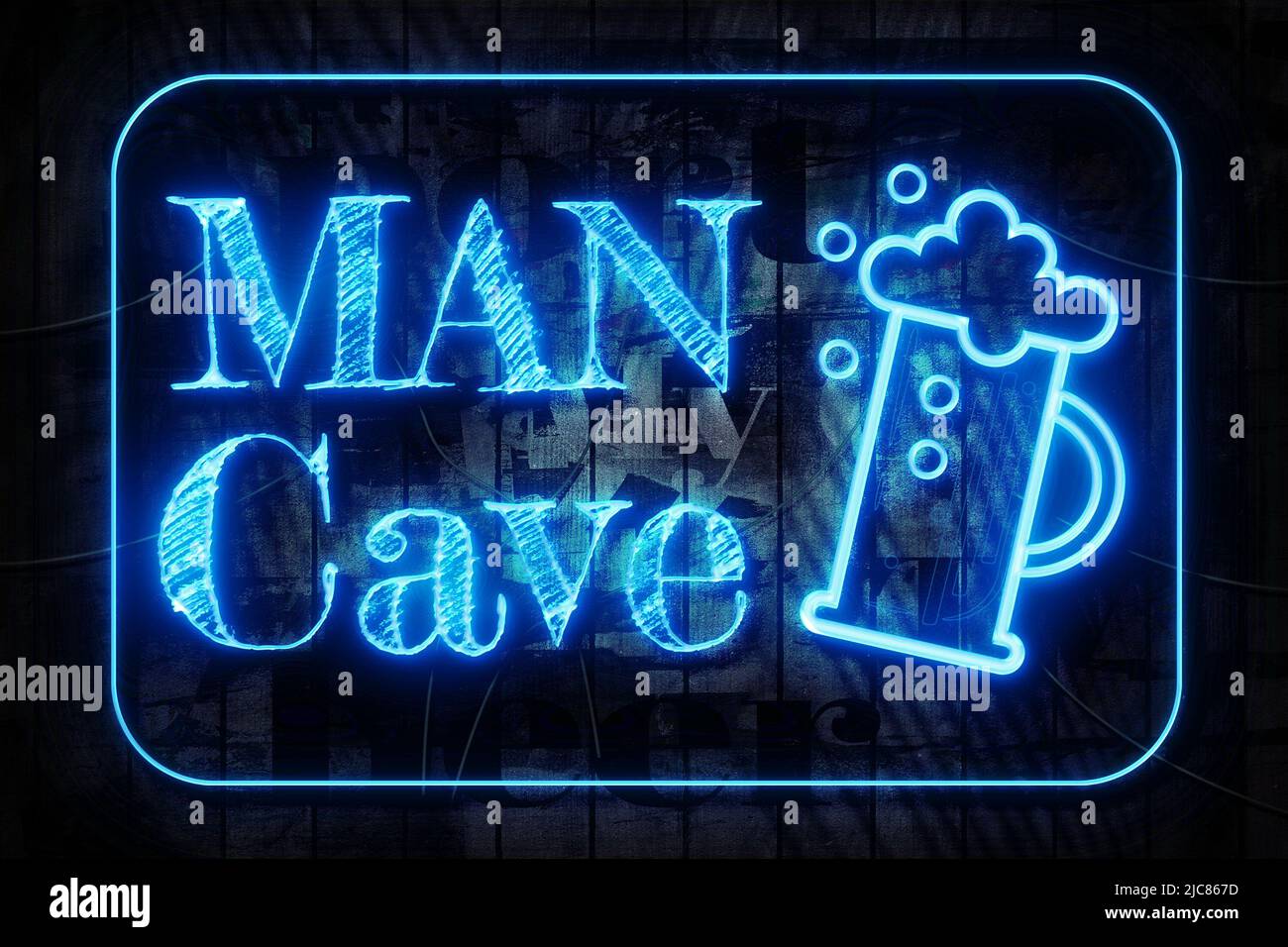 Uomo Cave Neon segno su un muro di legno scuro Foto Stock