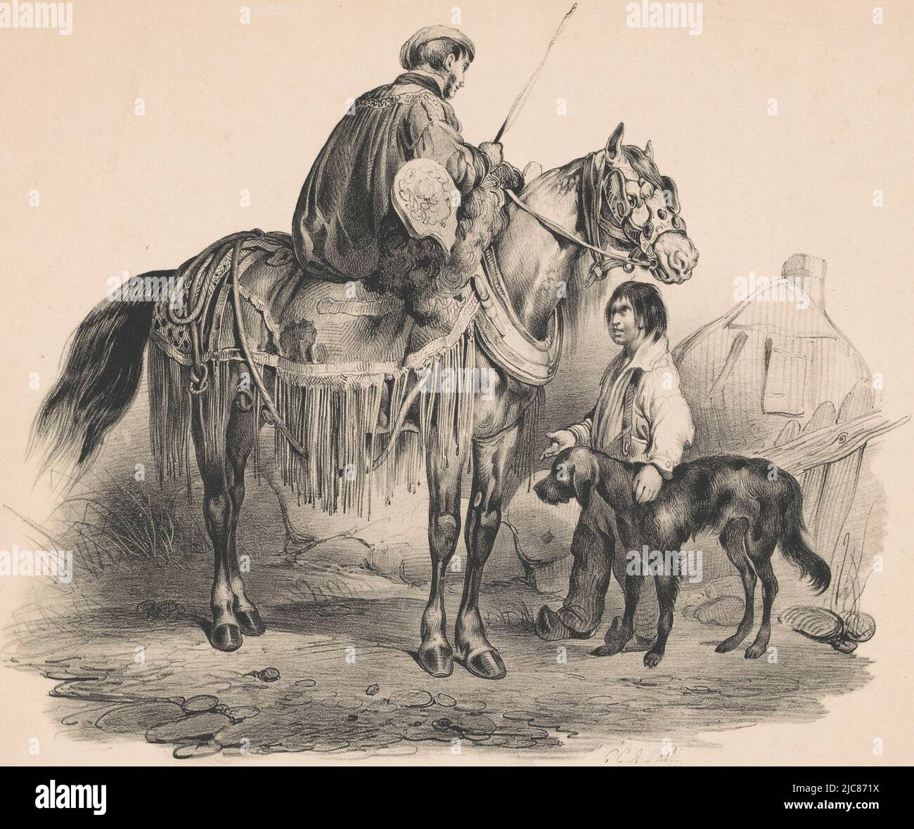 Il nobile è seduto sul cavallo guardando il ragazzo con il suo cane. Quest'ultimo tiene la mano, nobiluomo su Horse e mendicante Boy Pictura , tipografo: CAREL Christiaan Antony Last, (menzionato sull'oggetto), stampatore: Hilmar Johannes Backer, (menzionato sull'oggetto), editore: Gebroeders van Lier, (menzionato sull'oggetto), stampatore: Dordrecht, editore: L'Aia, 1834 - 1845, carta, h 245 mm x l 305 mm Foto Stock