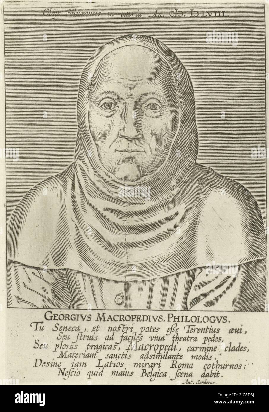 Ritratto di Georgius Macropedius, studioso e umanista olandese. Busto davanti. La stampa ha un top latino e la didascalia ed è parte di una serie di famosi scrittori dei Paesi Bassi, Ritratto di Georgius Macropedius Georgivs Macropedivs famosi scrittori dei Paesi Bassi Bibliotheca Belgica , tipografia: Philips Galle, Antonius Sanderus, (menzionato sull'oggetto), editore: Franciscus Foppens, tipografia: Anversa, Anversa, editore: Bruxelles, 1608 e/o 1739, carta, incisione, a 174 mm x l 121 mm Foto Stock