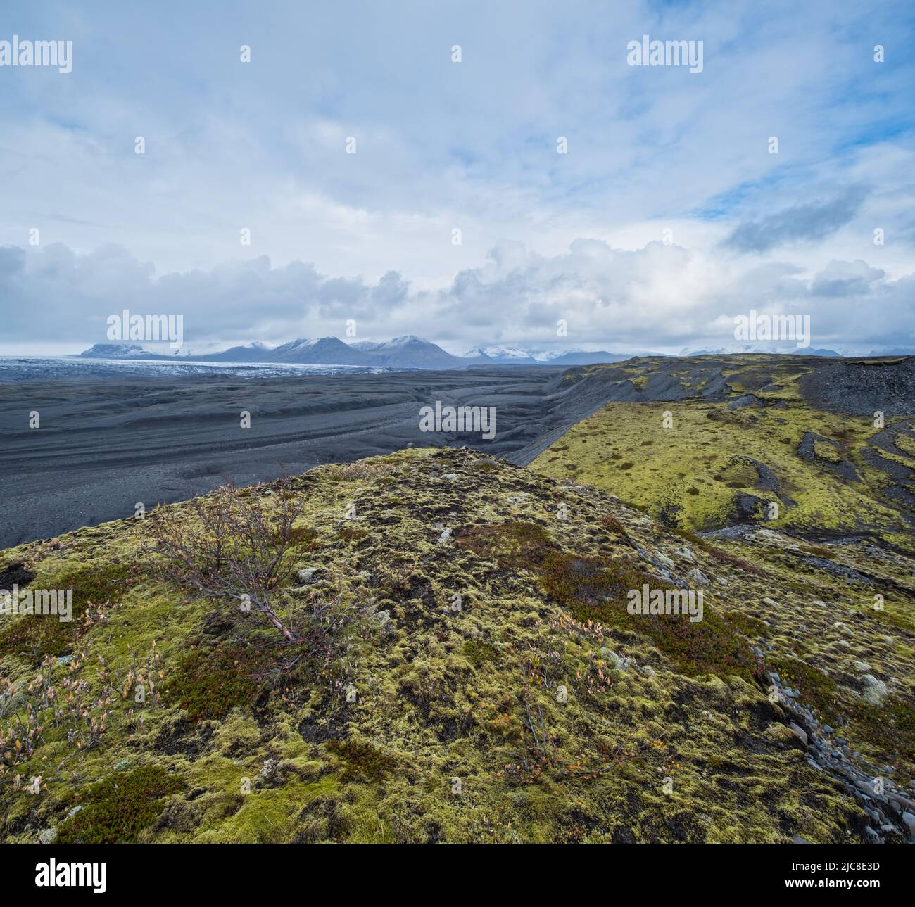 Islanda autunno tundra paesaggio vicino al ghiacciaio Haoldukvisl, Islanda. Glacier Tongue scivola dal Vatnajokull icecap o Vatna Glacier vicino subglacial Foto Stock
