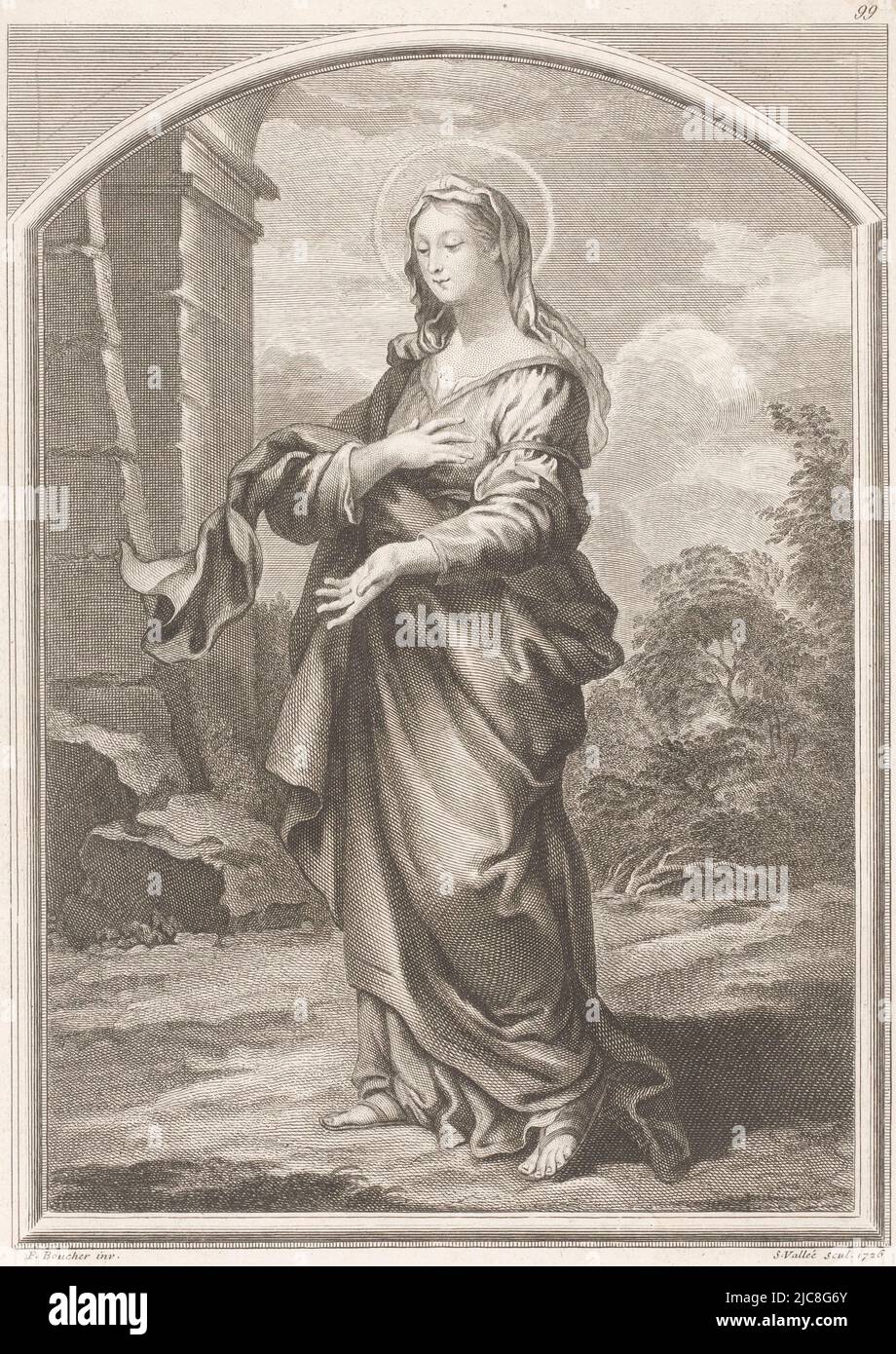 Numerato in alto a destra: 99 e in basso a destra: 139. Vergine in un paesaggio, tipografia: Simon de la Vallée, (menzionato sull'oggetto), Francois Boucher, (menzionato sull'oggetto), editore: Pierre Jean, (Menzionato sull'oggetto), tipografo: Francia, Francia, editore: Parigi, 1726, carta, incisione, incisione, incisione, h 359 mm x l 227 mm Foto Stock