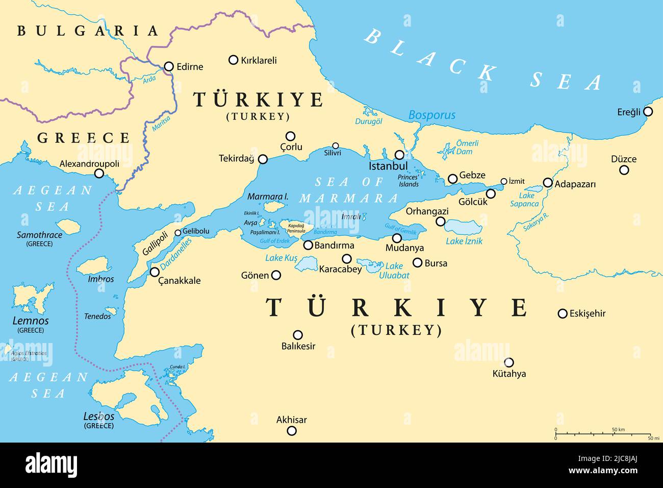 Bosforo e Dardanelli, mappa politica. Lo stretto turco, canali e passaggi di rilevanza internazionale e stretti in Turchia. Foto Stock