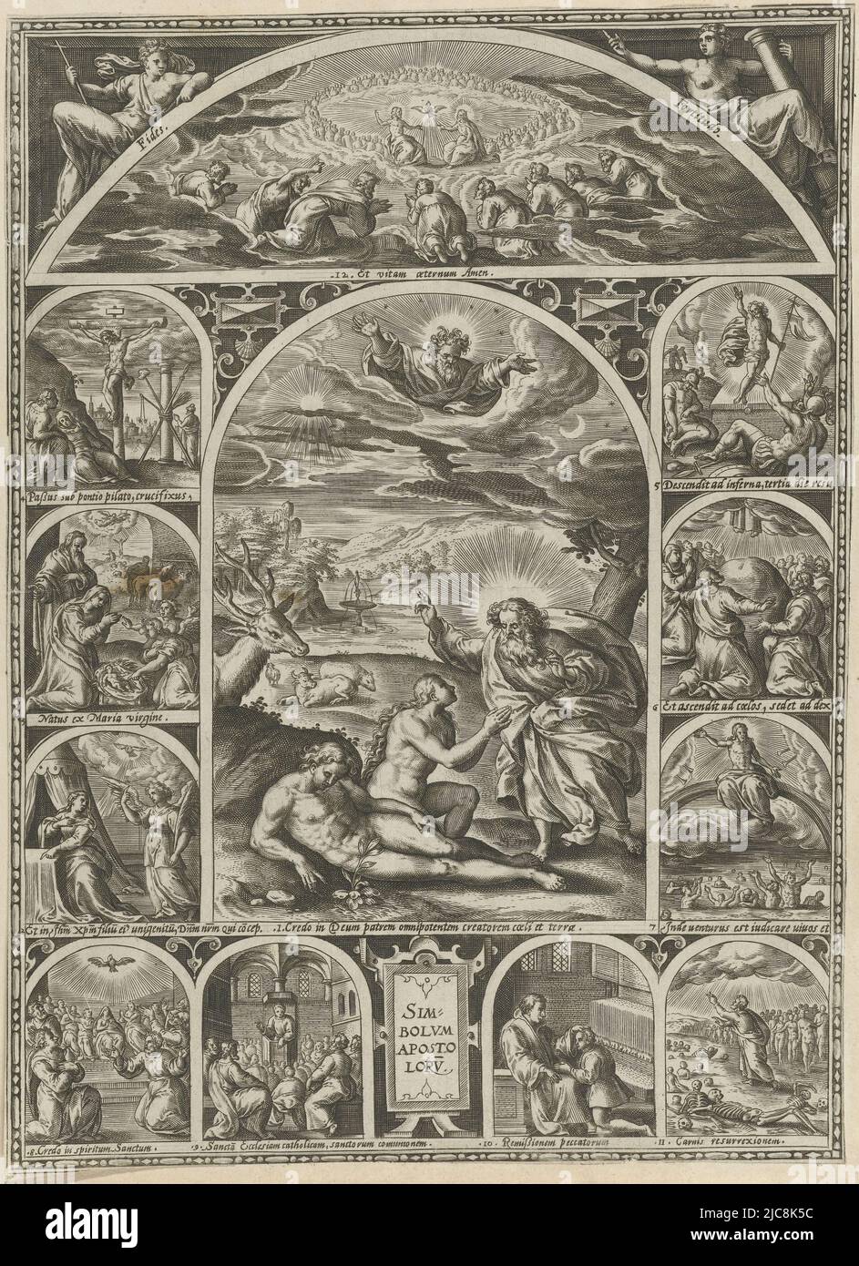 Dio crea Adamo ed Eva in paradiso (sotto). Dio crea il cielo e la terra e pone il globo tra il sole, la luna e le stelle (sopra). Questa scena centrale (#1) è incorniciata da scene numerate raffiguranti la vita di Cristo. A sinistra, dal basso verso l'alto: L'annuncio (n. 2), la nascita di Cristo (n. 3) e il Cristo crocifisso (n. 4). Destra, dall'alto verso il basso: La risurrezione di Cristo (n. 5), l'ascensione (n. 6) e il Giudizio universale (n. 7). Sotto, da sinistra a destra: Pentecoste, con l'effusione dello Spirito Santo (n. 8), Santa comunione (n. 9), perdono dei peccati (no Foto Stock