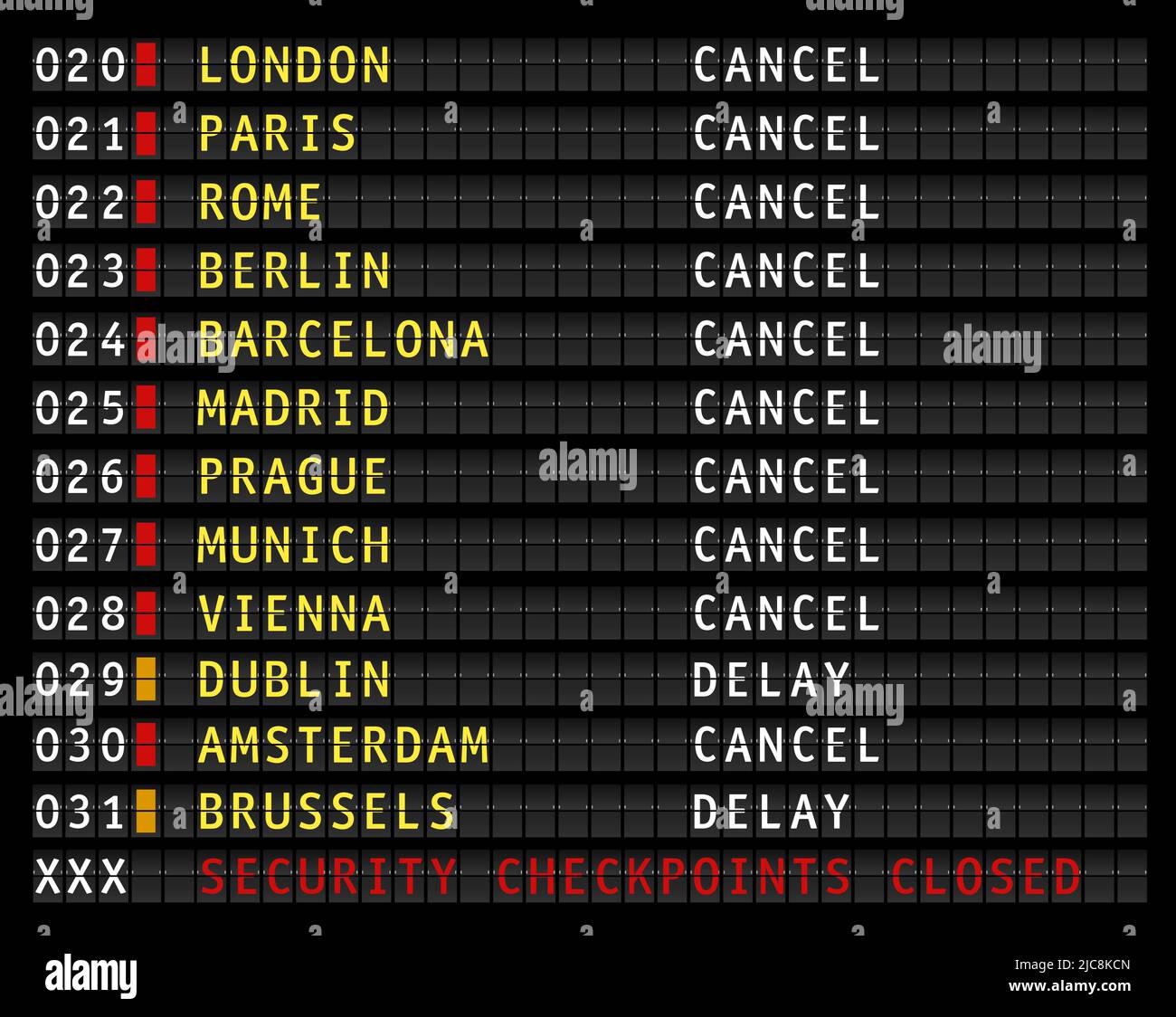 Display informazioni aeroporto con checkpoint di sicurezza chiuso messaggio. Voli annullati e in ritardo a causa di carenza di guardie di sicurezza, vettore illustra Illustrazione Vettoriale