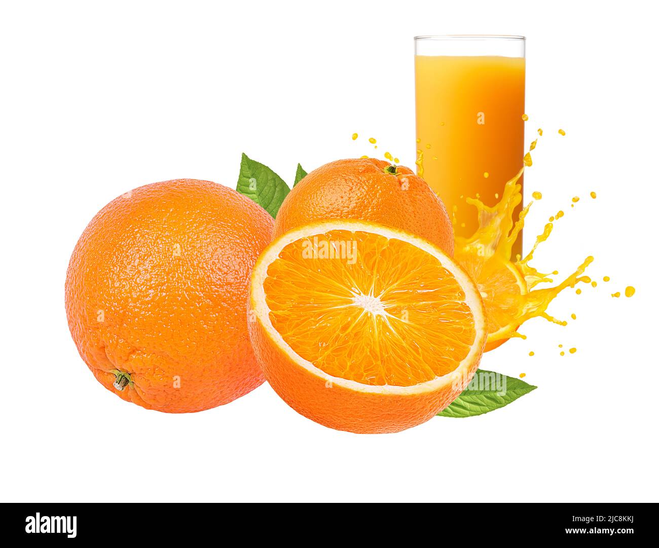 Frutta fresca matura d'arancia e succo d'arancia. Gustoso succo di frutta d'arancia spruzzando isolato su bianco Foto Stock