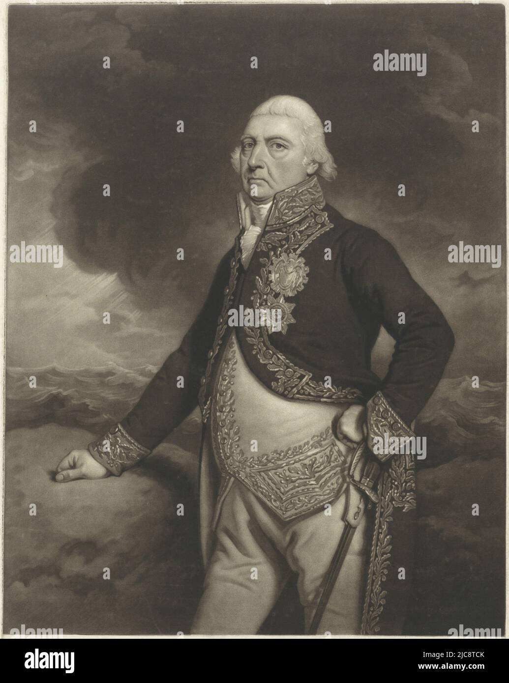 Jan Hendrik van Kinsbergen, Vice Ammiraglio e Maresciallo straordinario della Marina olandese, con una mano al suo fianco, Ritratto dell'Ammiraglio Jan Hendrik van Kinsbergen, tipografo: Charles Howard Hodges, Johan Friedrich Bürckman, Olanda, 1788 - 1837, carta, incisione, a 511 mm x l 358 mm Foto Stock