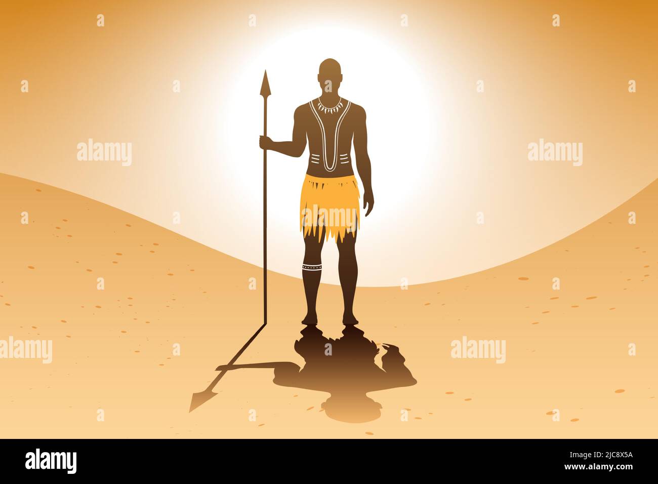 Uomo aborigeno africano con arte del corpo e vestito etnico tradizionali, in piedi su uno sfondo di paesaggio sabbioso, mentre tiene una lancia. Illustrazione vettoriale del guerriero della tribù Massai. Illustrazione Vettoriale